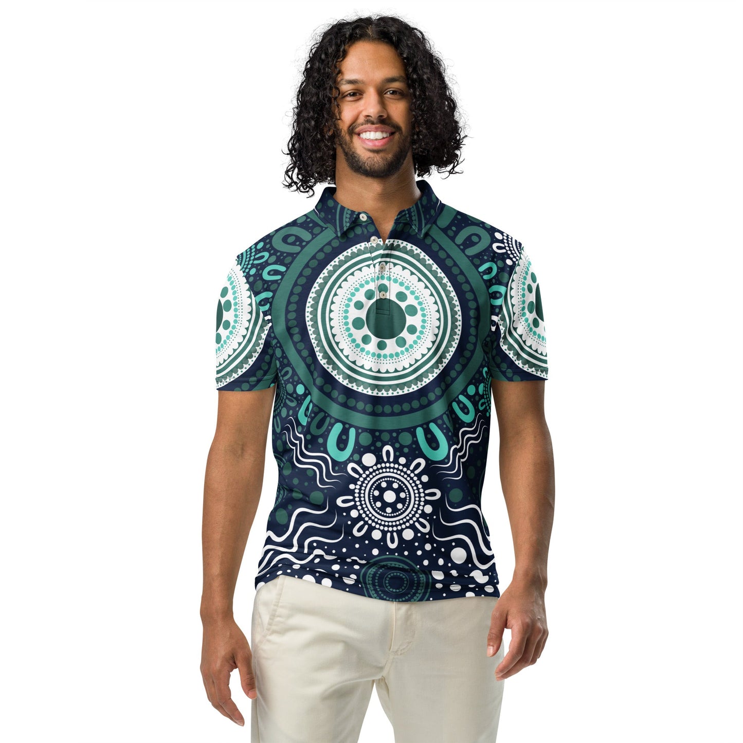 "Woven Together" Aqua Polo Shirt - Aboriginal Art by Lani