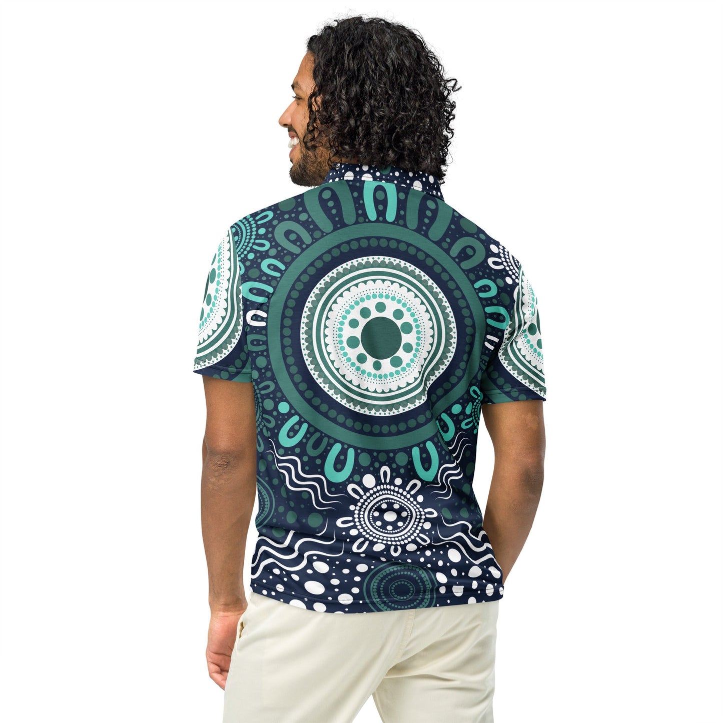 "Woven Together" Aqua Polo Shirt - Aboriginal Art by Lani