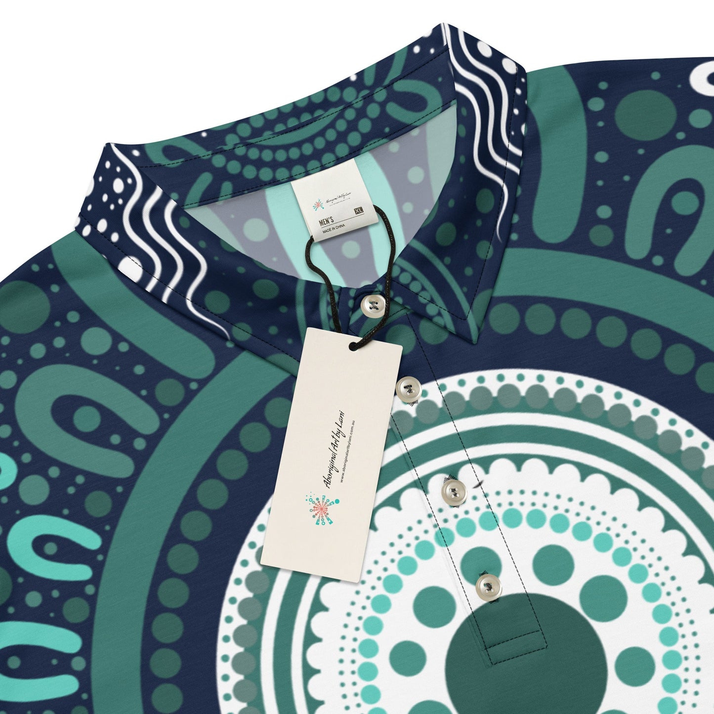 "Woven Together" Aqua Polo Shirt - Aboriginal Art by Lani