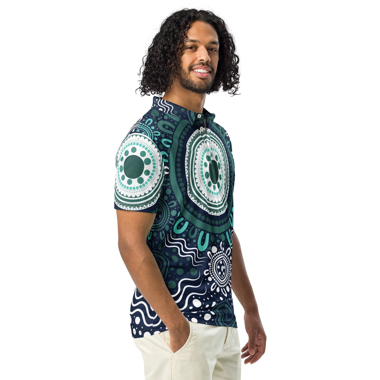 "Woven Together" Aqua Polo Shirt - Aboriginal Art by Lani