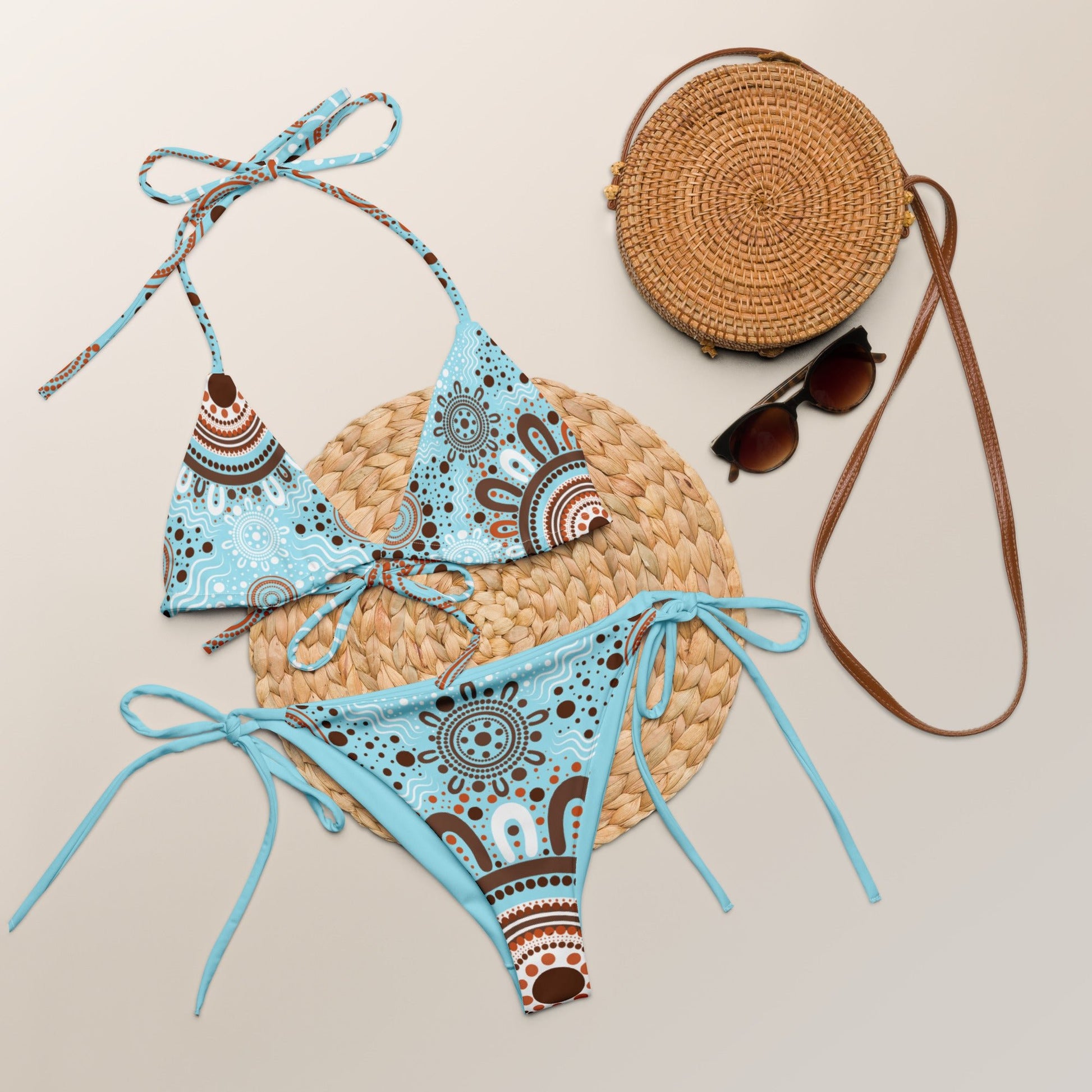 "Woven Together" Light Blue and Brown Bikini Set - Aboriginal Art by LaniBikini