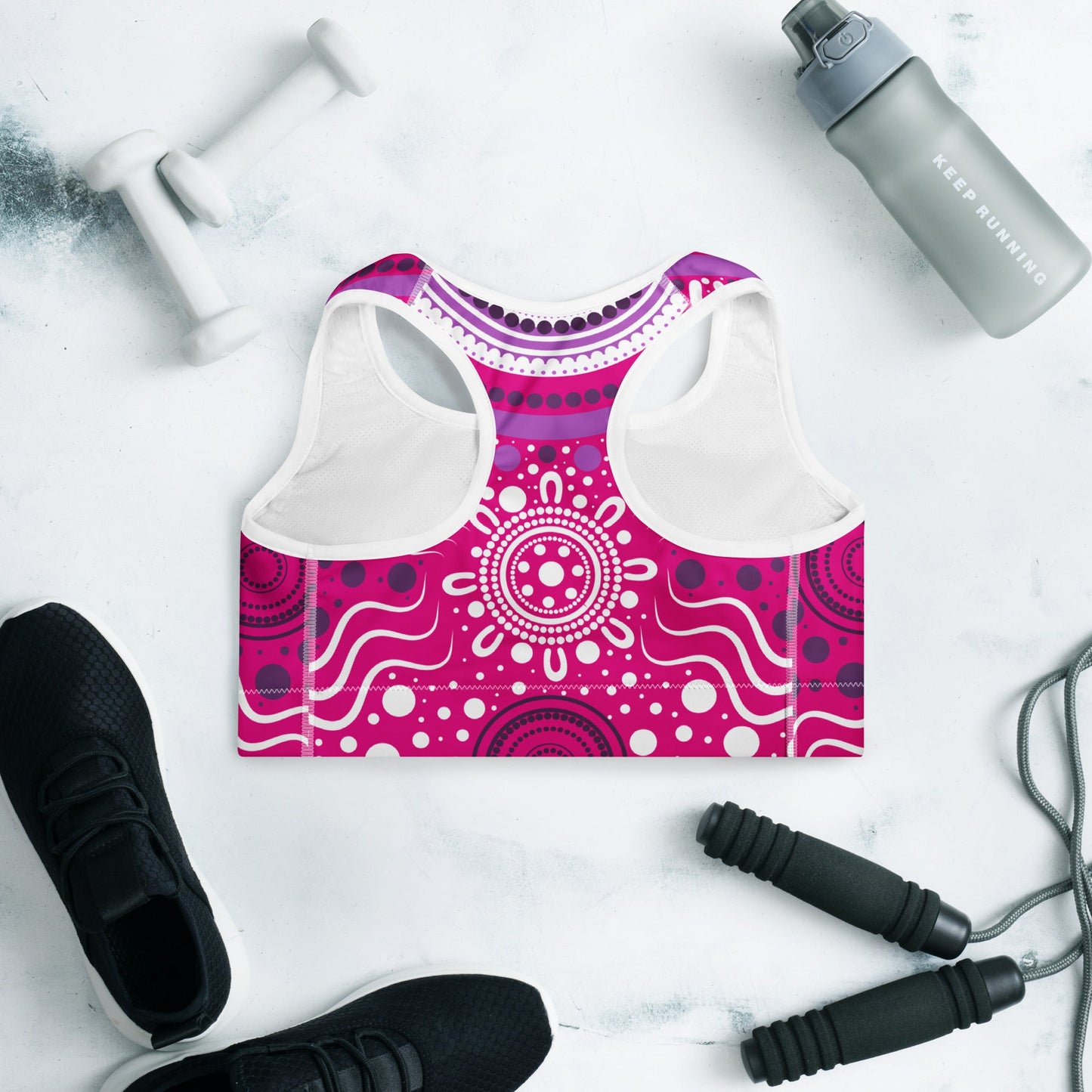 "Woven Together" Pink Padded Sports Bra - Aboriginal Art by Lani