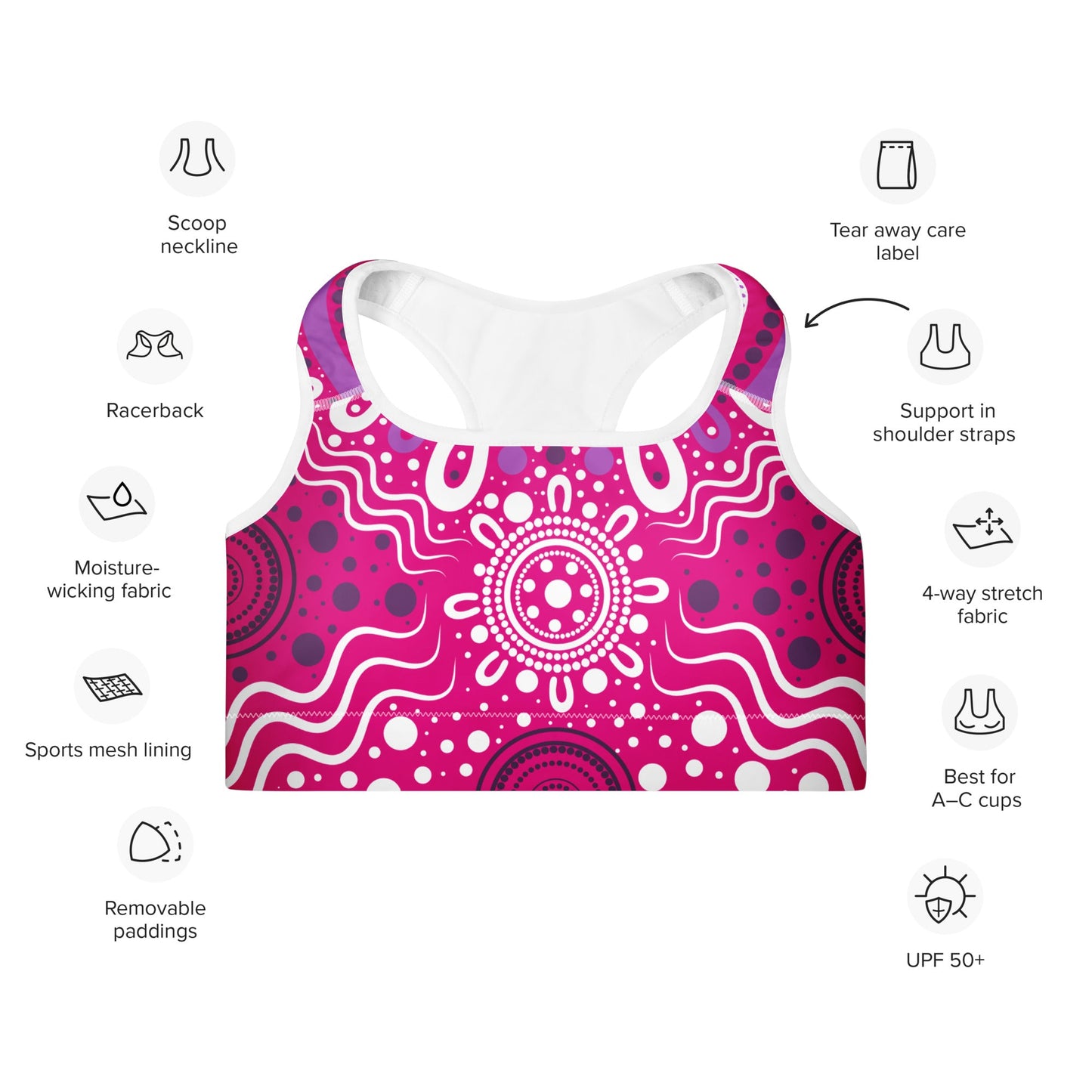 "Woven Together" Pink Padded Sports Bra - Aboriginal Art by Lani