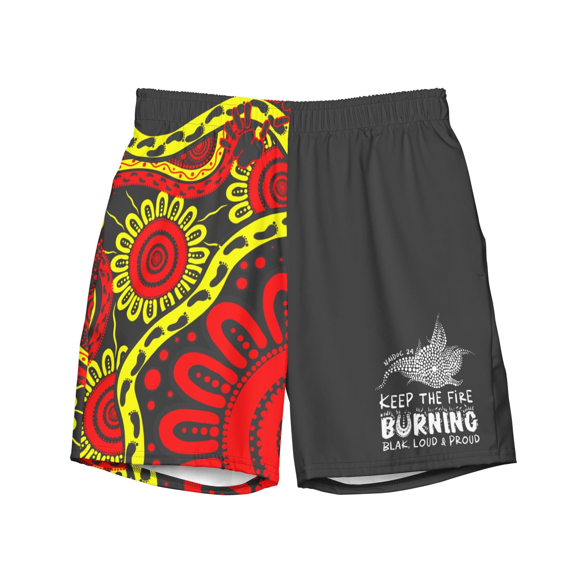 Gathering and Pathways NAIDOC 2024 Men's Black, Red and Yellow Swim Shorts - Aboriginal Art by LaniMen's Shorts