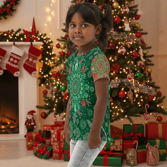 Kids Christmas Cotton Crew Neck T-Shirt - Aboriginal Art by Lani