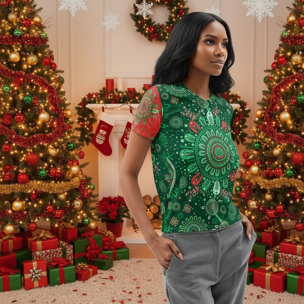 Women’s Christmas Cotton Crew Neck T-Shirt - Aboriginal Art by Lani