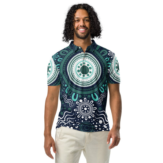 "Woven Together" Aqua Polo Shirt - Aboriginal Art by Lani
