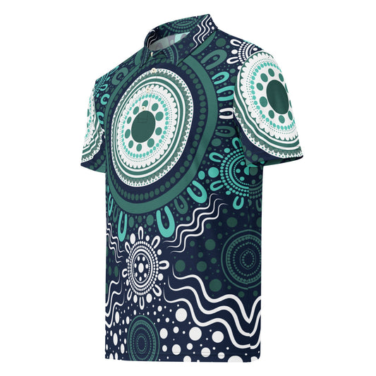 "Woven Together" Aqua Polo Shirt - Aboriginal Art by Lani