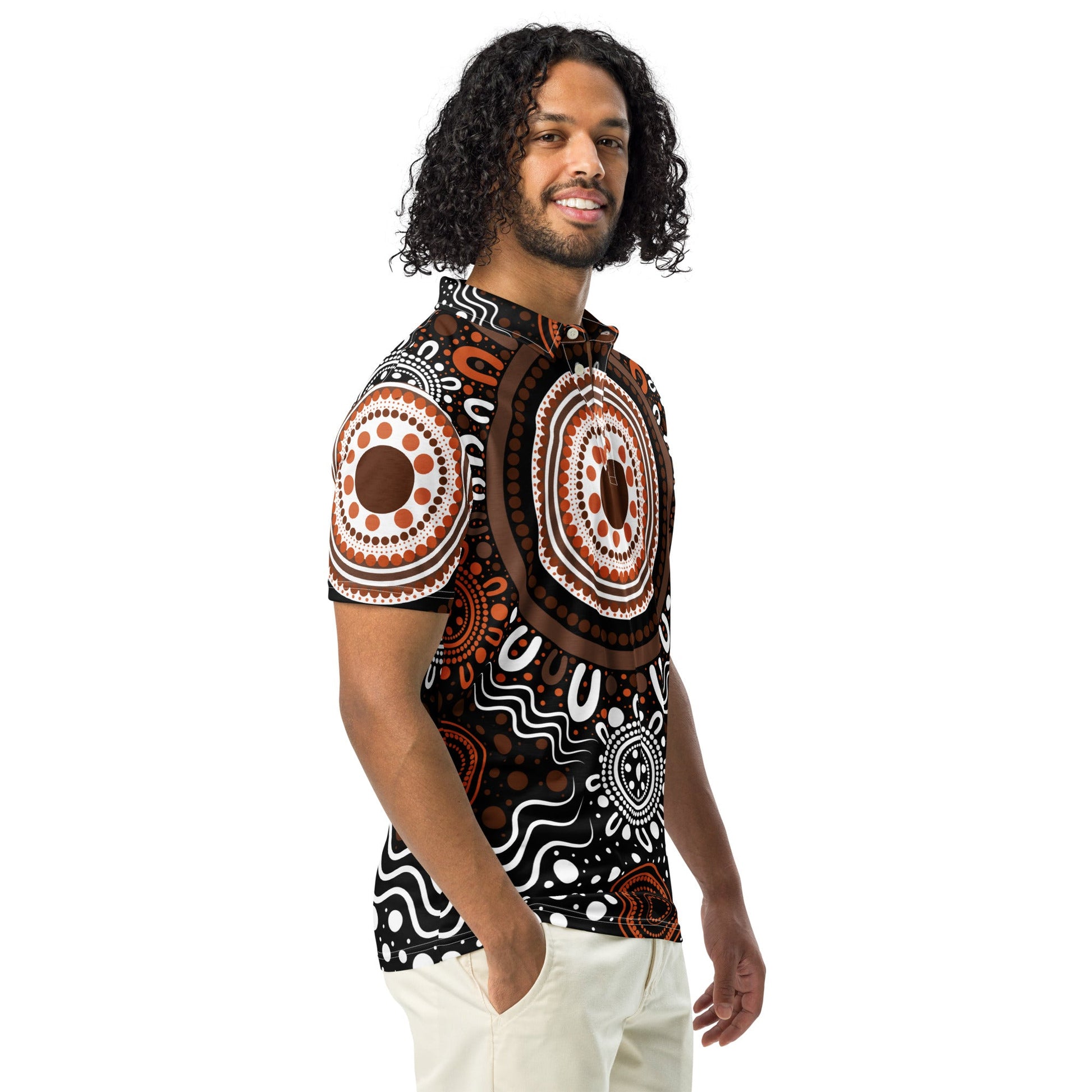 "Woven Together" Brown Polo Shirt - Aboriginal Art by Lani