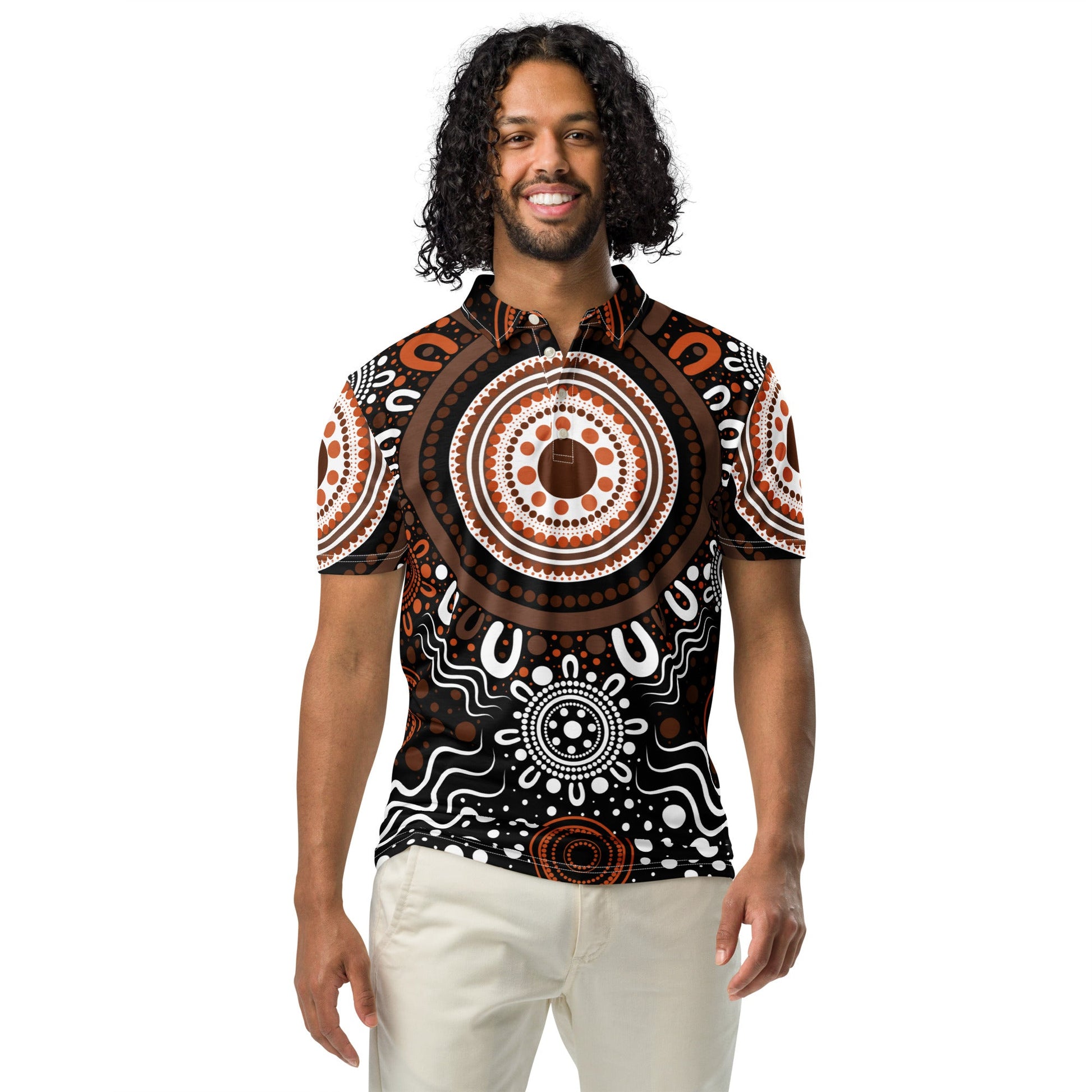"Woven Together" Brown Polo Shirt - Aboriginal Art by Lani