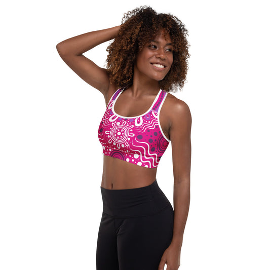 "Woven Together" Pink Padded Sports Bra - Aboriginal Art by Lani