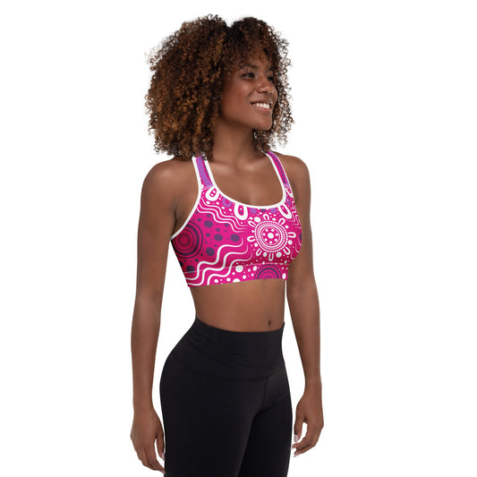 "Woven Together" Pink Padded Sports Bra - Aboriginal Art by Lani