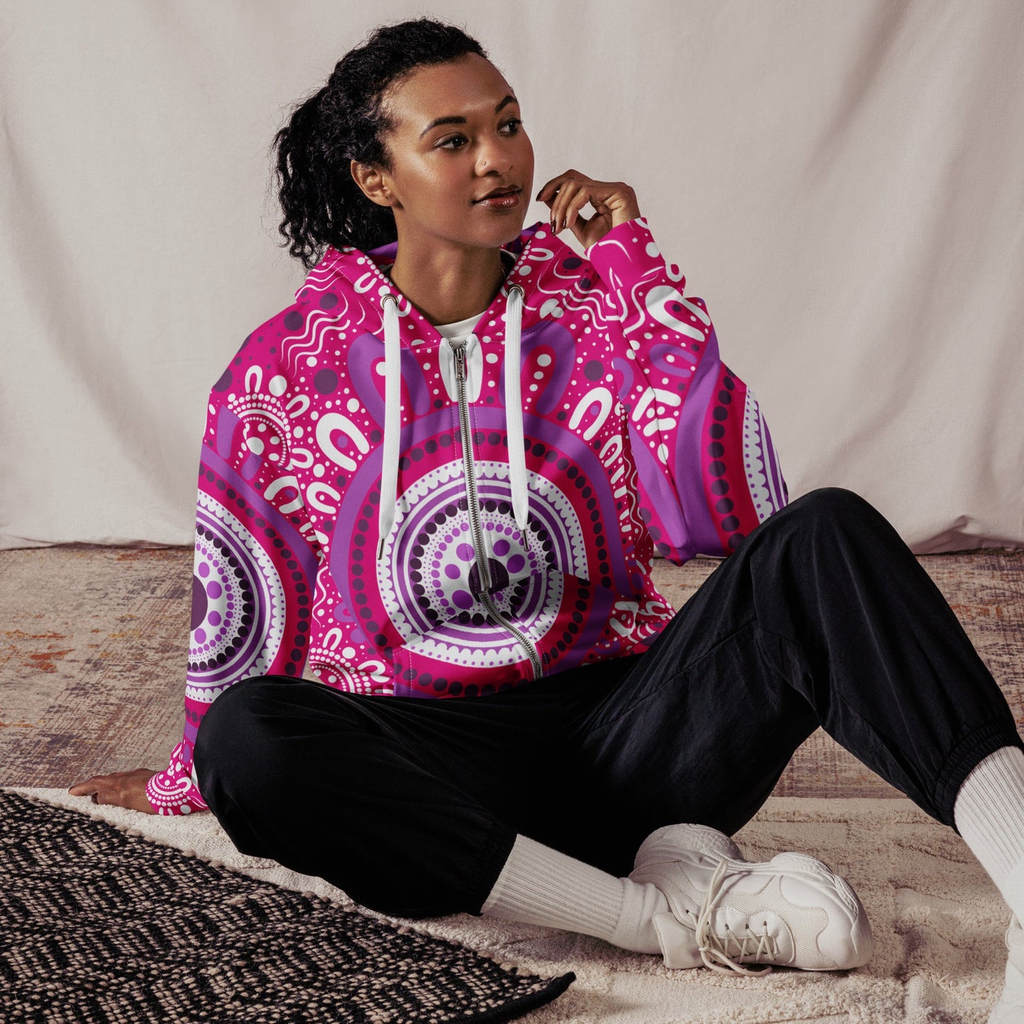 "Woven Together" Pink Zip Hoodie - Aboriginal Art by Lani