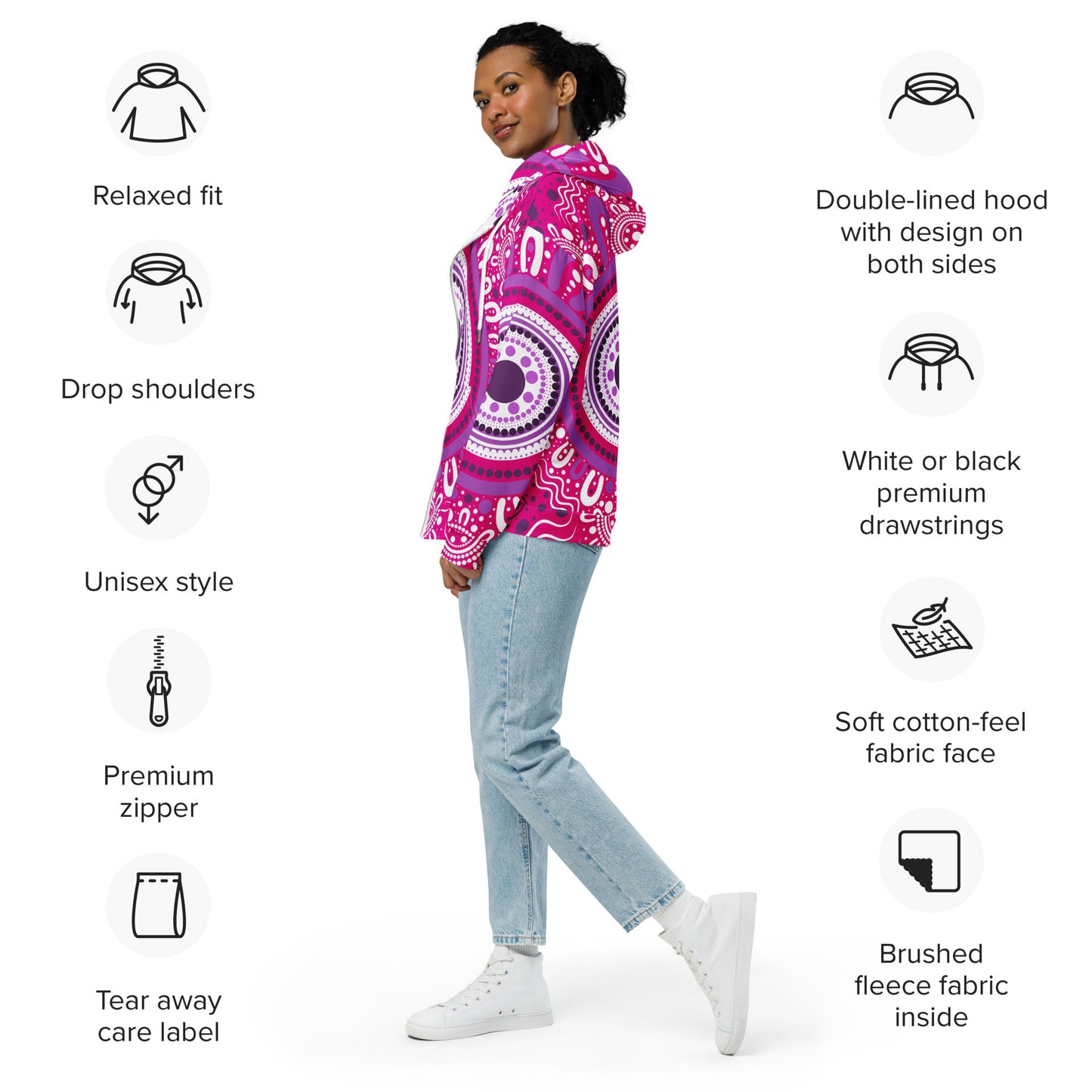 "Woven Together" Pink Zip Hoodie - Aboriginal Art by Lani