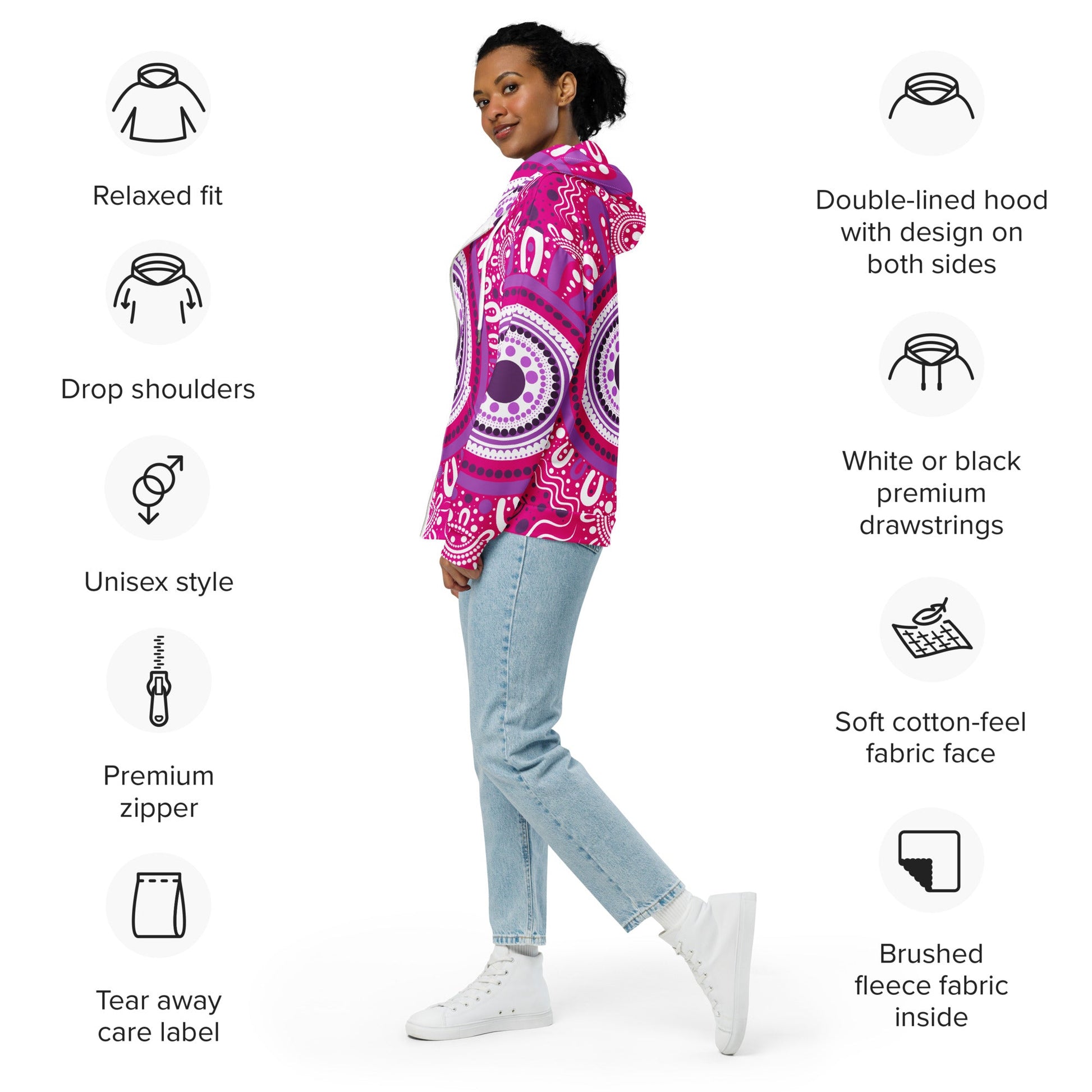"Woven Together" Pink Zip Hoodie - Aboriginal Art by Lani