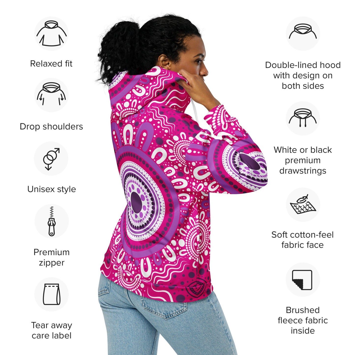 "Woven Together" Pink Zip Hoodie - Aboriginal Art by Lani