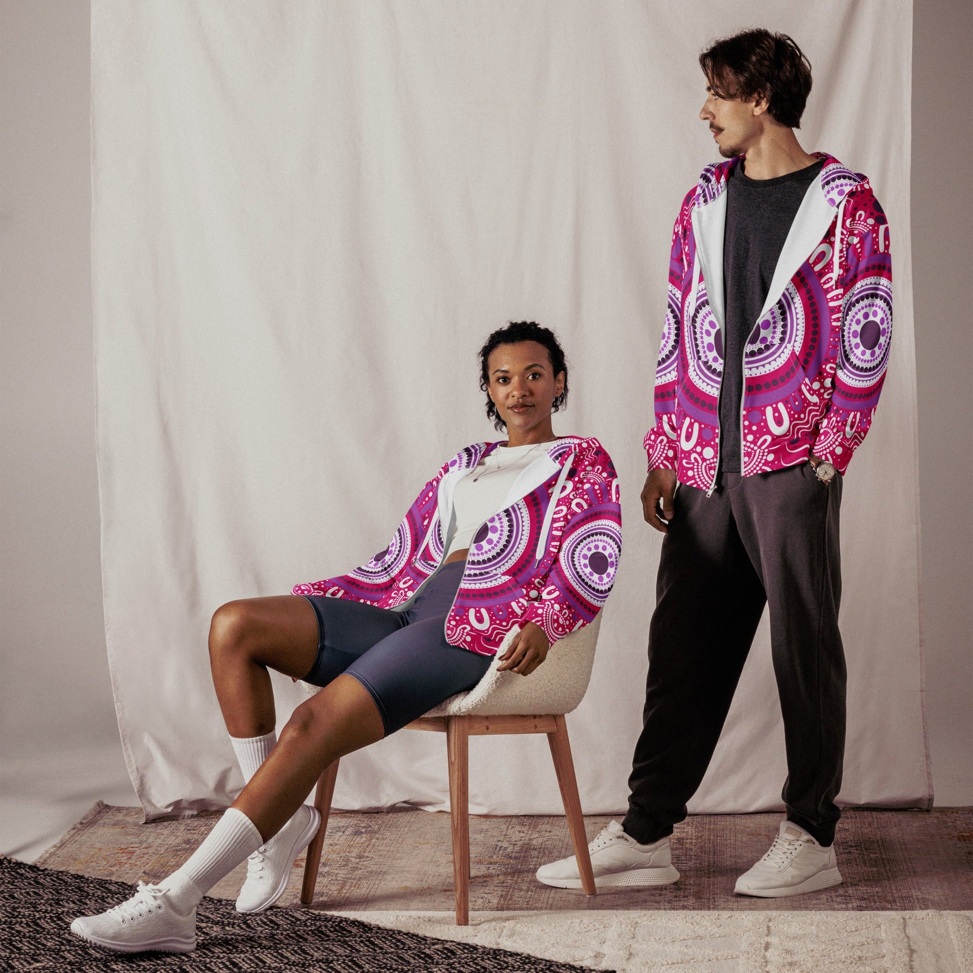 "Woven Together" Pink Zip Hoodie - Aboriginal Art by Lani