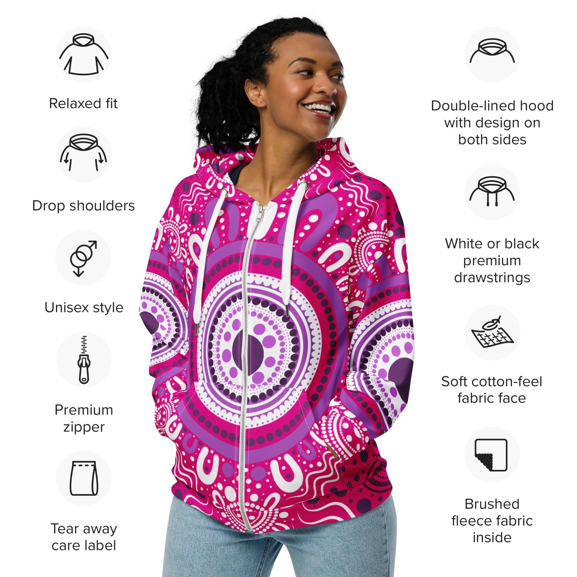 "Woven Together" Pink Zip Hoodie - Aboriginal Art by Lani