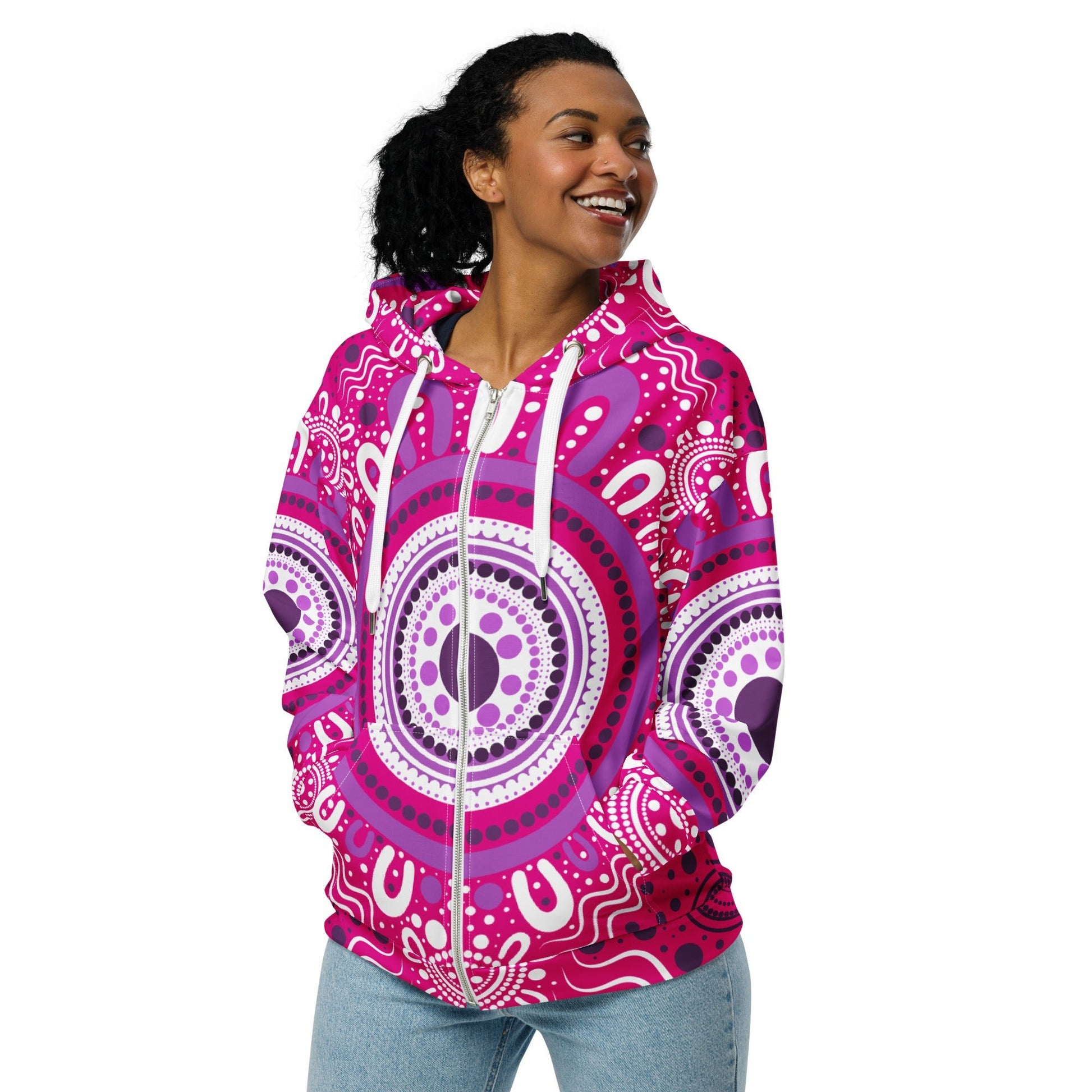 "Woven Together" Pink Zip Hoodie - Aboriginal Art by Lani