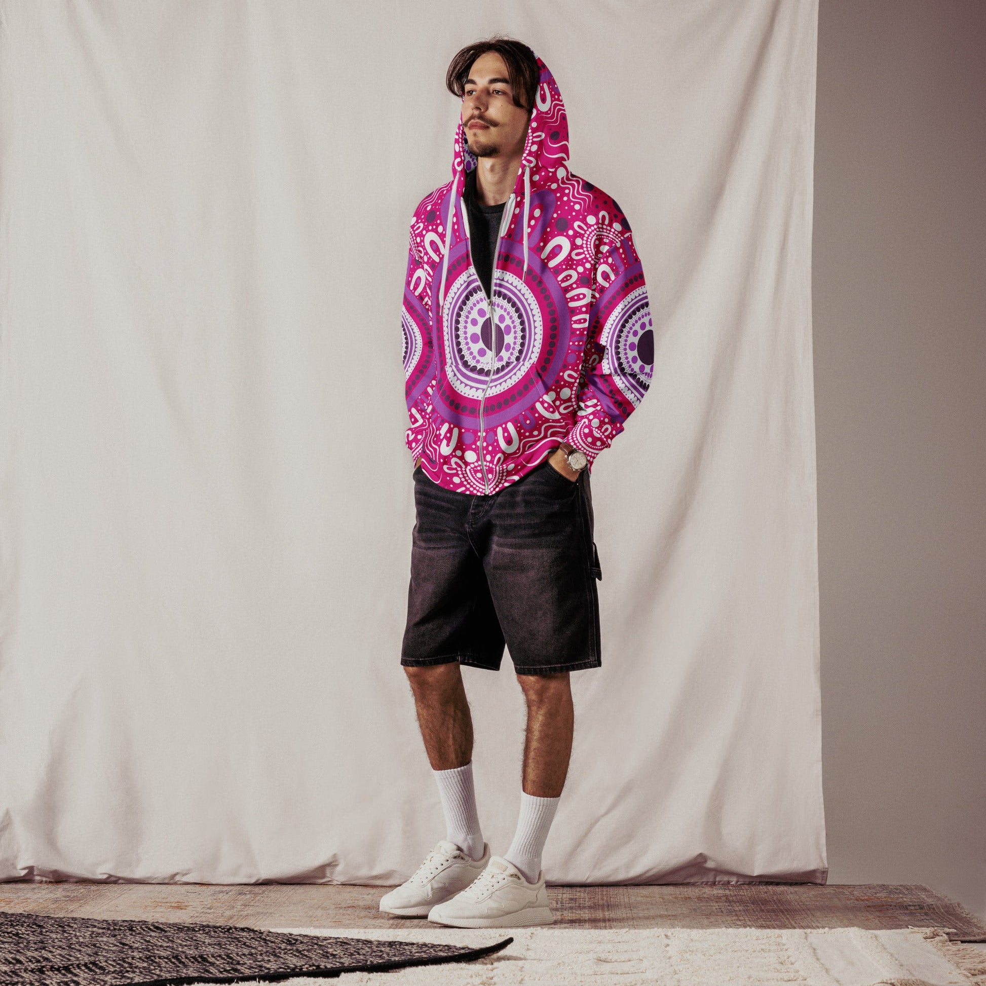 "Woven Together" Pink Zip Hoodie - Aboriginal Art by Lani