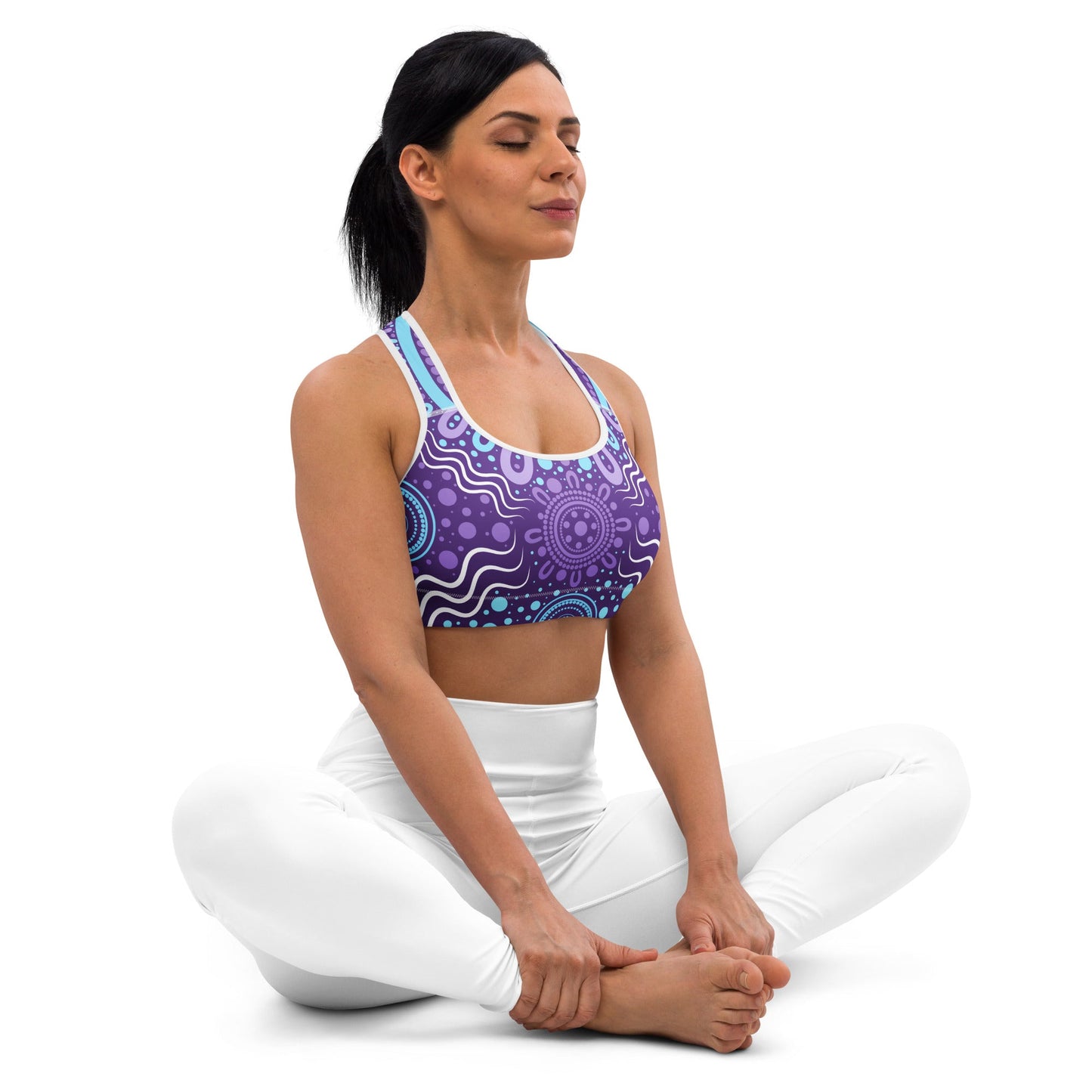 "Woven Together" Purple Padded Sports Bra - Aboriginal Art by Lani