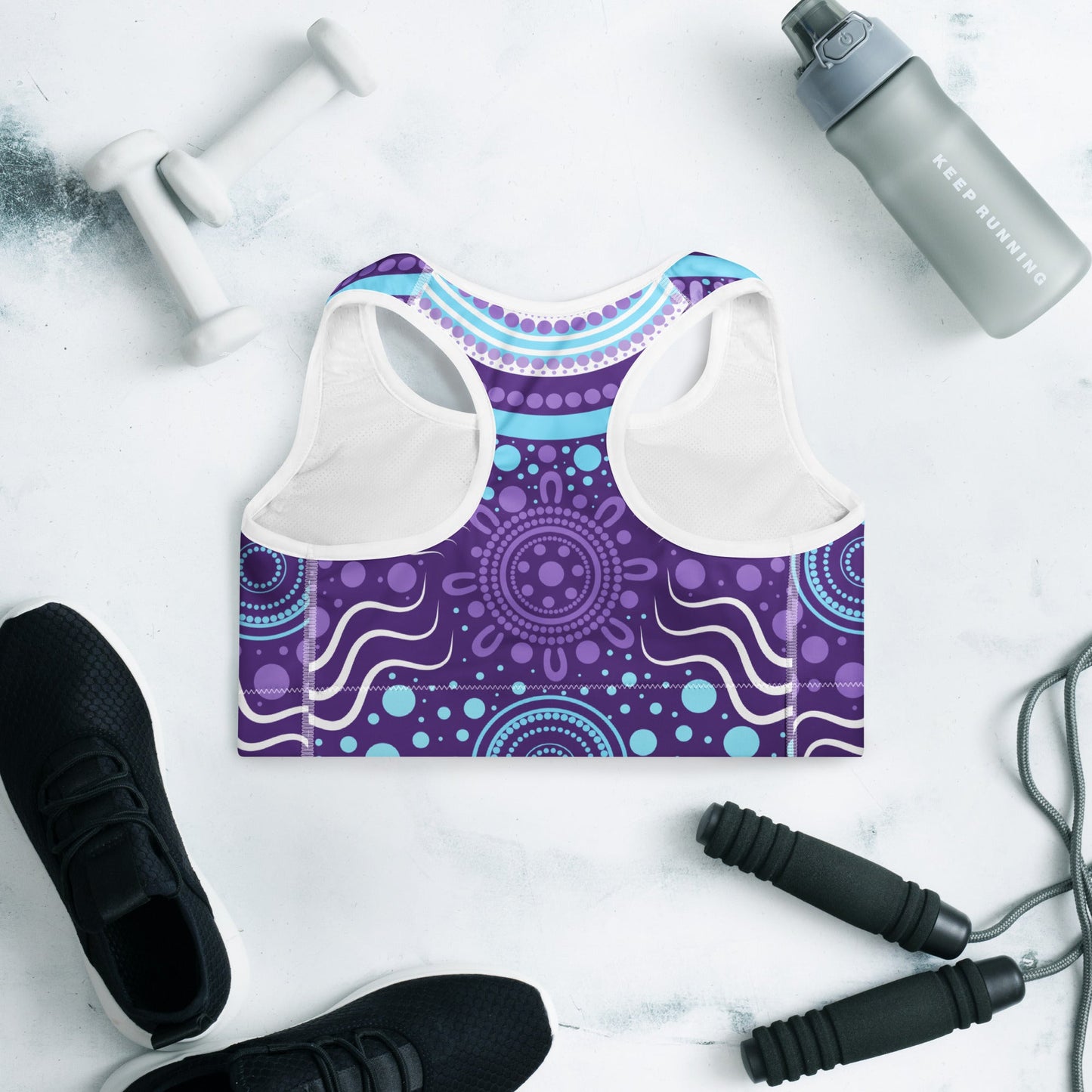 "Woven Together" Purple Padded Sports Bra - Aboriginal Art by Lani