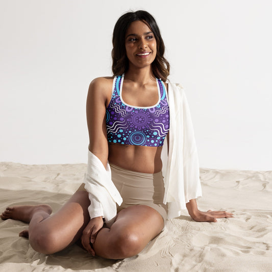 "Woven Together" Purple Padded Sports Bra - Aboriginal Art by Lani