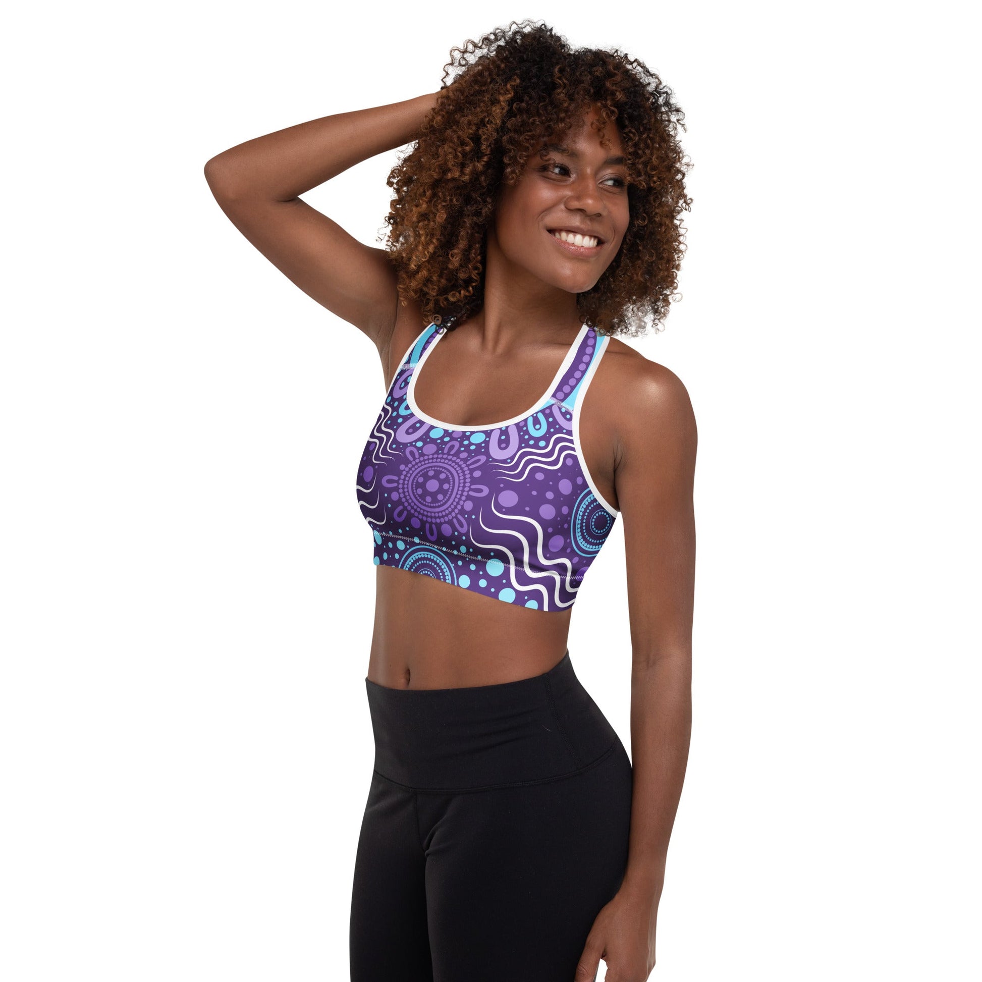 "Woven Together" Purple Padded Sports Bra - Aboriginal Art by Lani