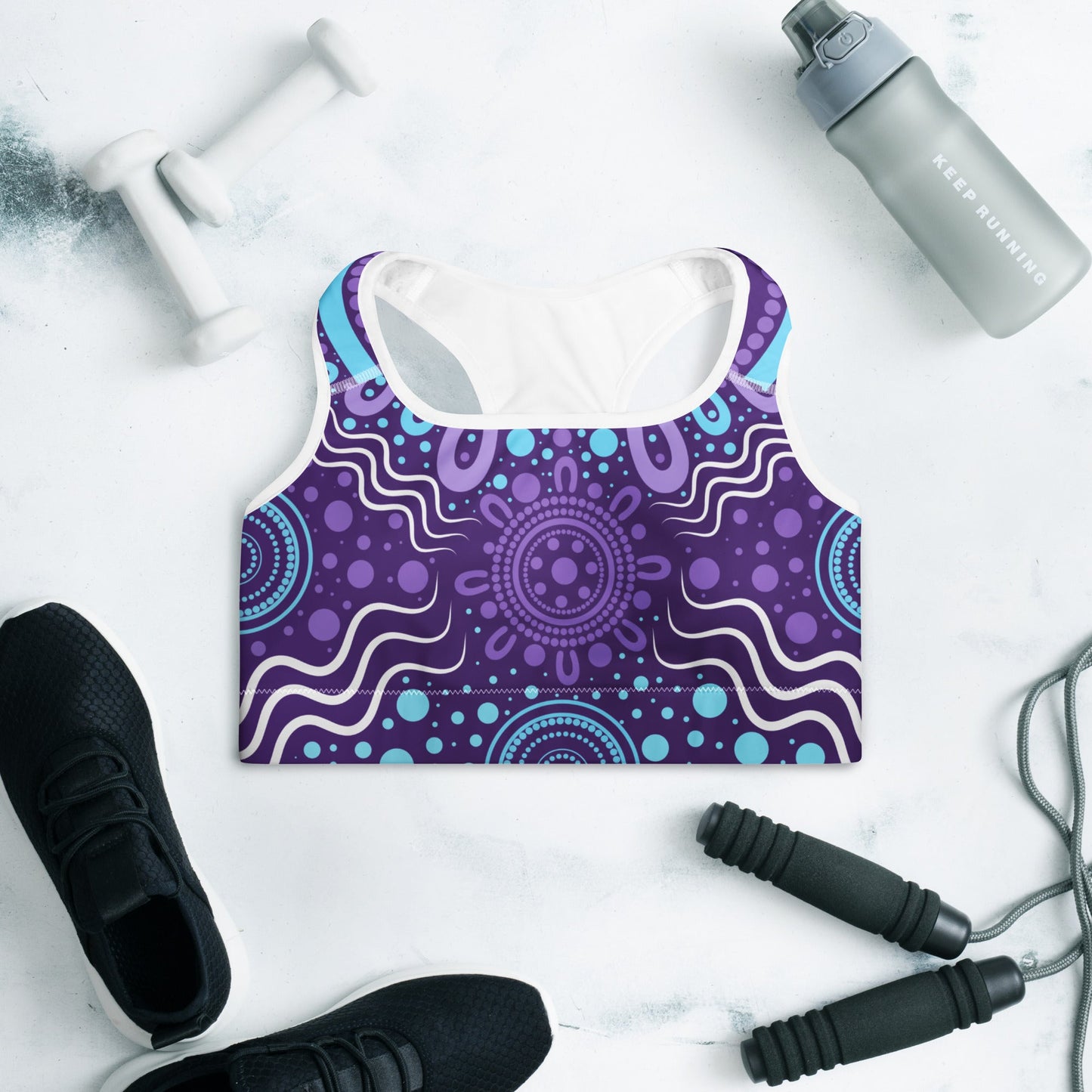 "Woven Together" Purple Padded Sports Bra - Aboriginal Art by Lani