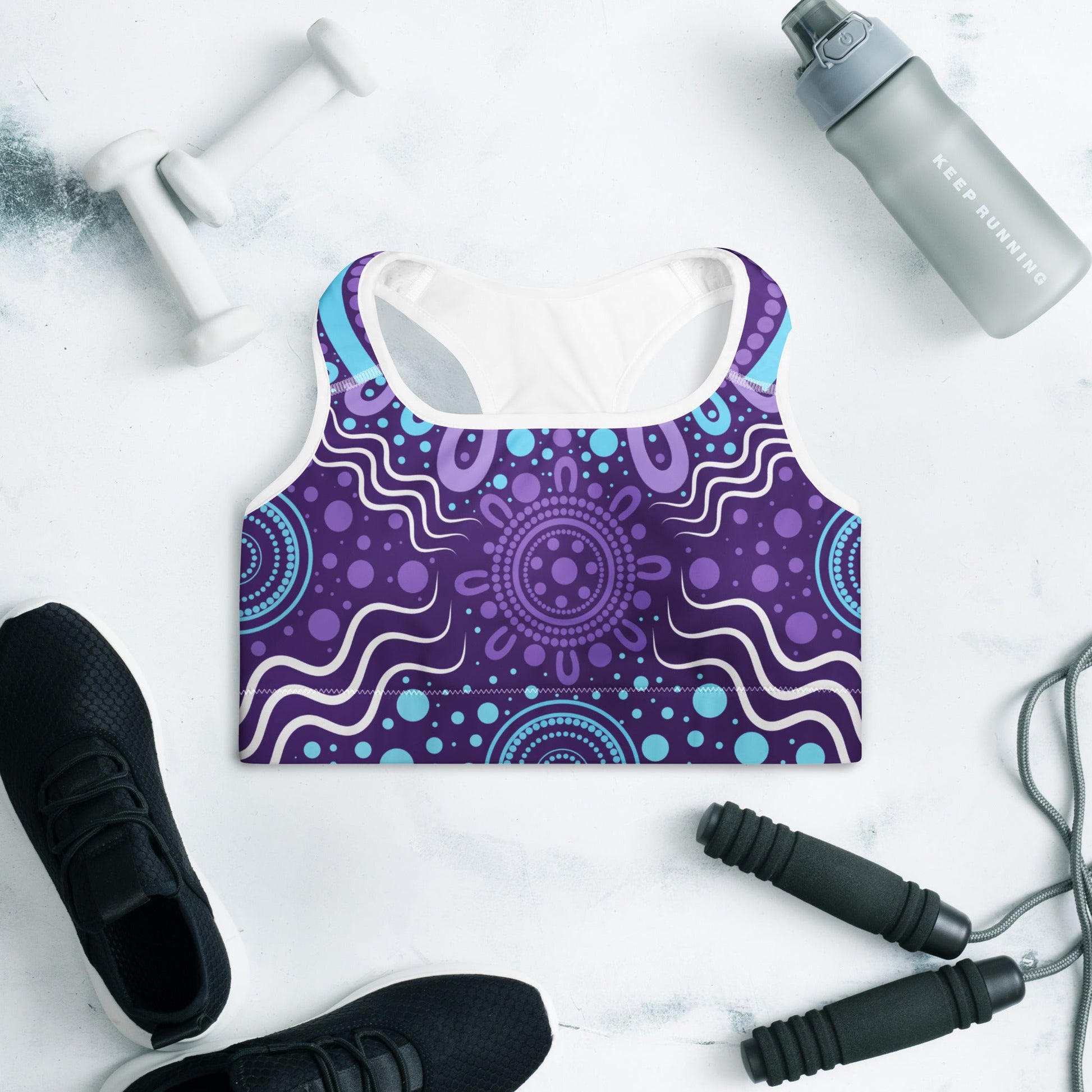 "Woven Together" Purple Padded Sports Bra - Aboriginal Art by Lani