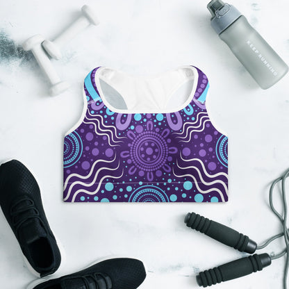 "Woven Together" Purple Padded Sports Bra - Aboriginal Art by Lani