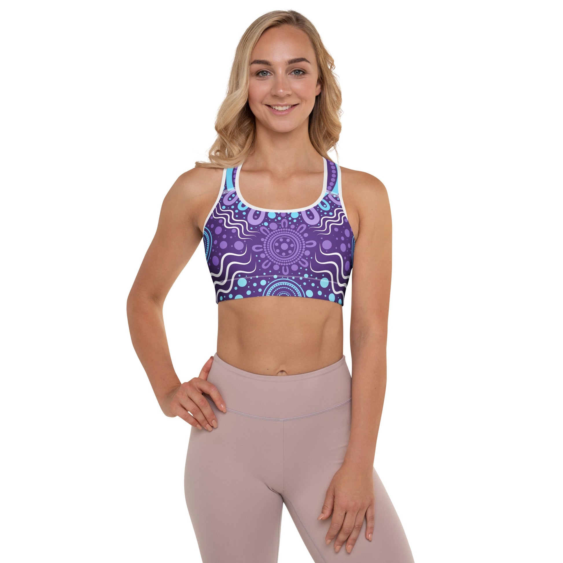 "Woven Together" Purple Padded Sports Bra - Aboriginal Art by Lani