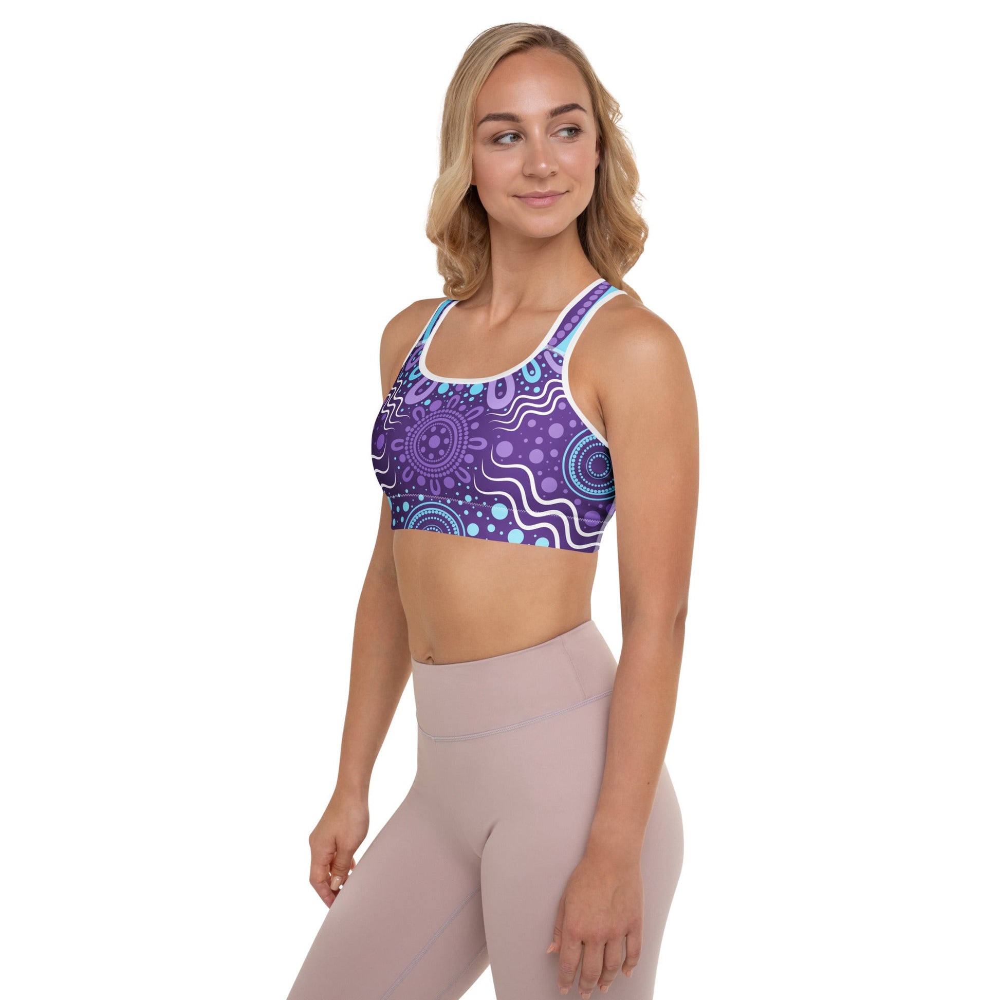 "Woven Together" Purple Padded Sports Bra - Aboriginal Art by Lani