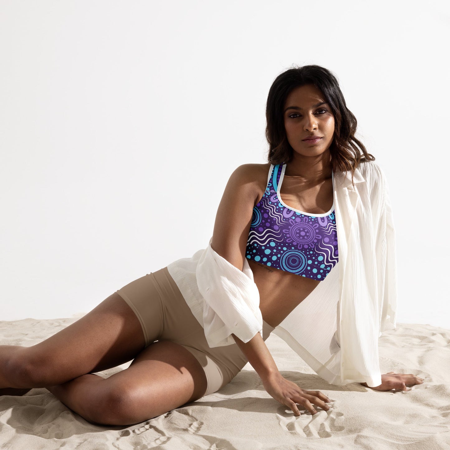 "Woven Together" Purple Padded Sports Bra - Aboriginal Art by Lani