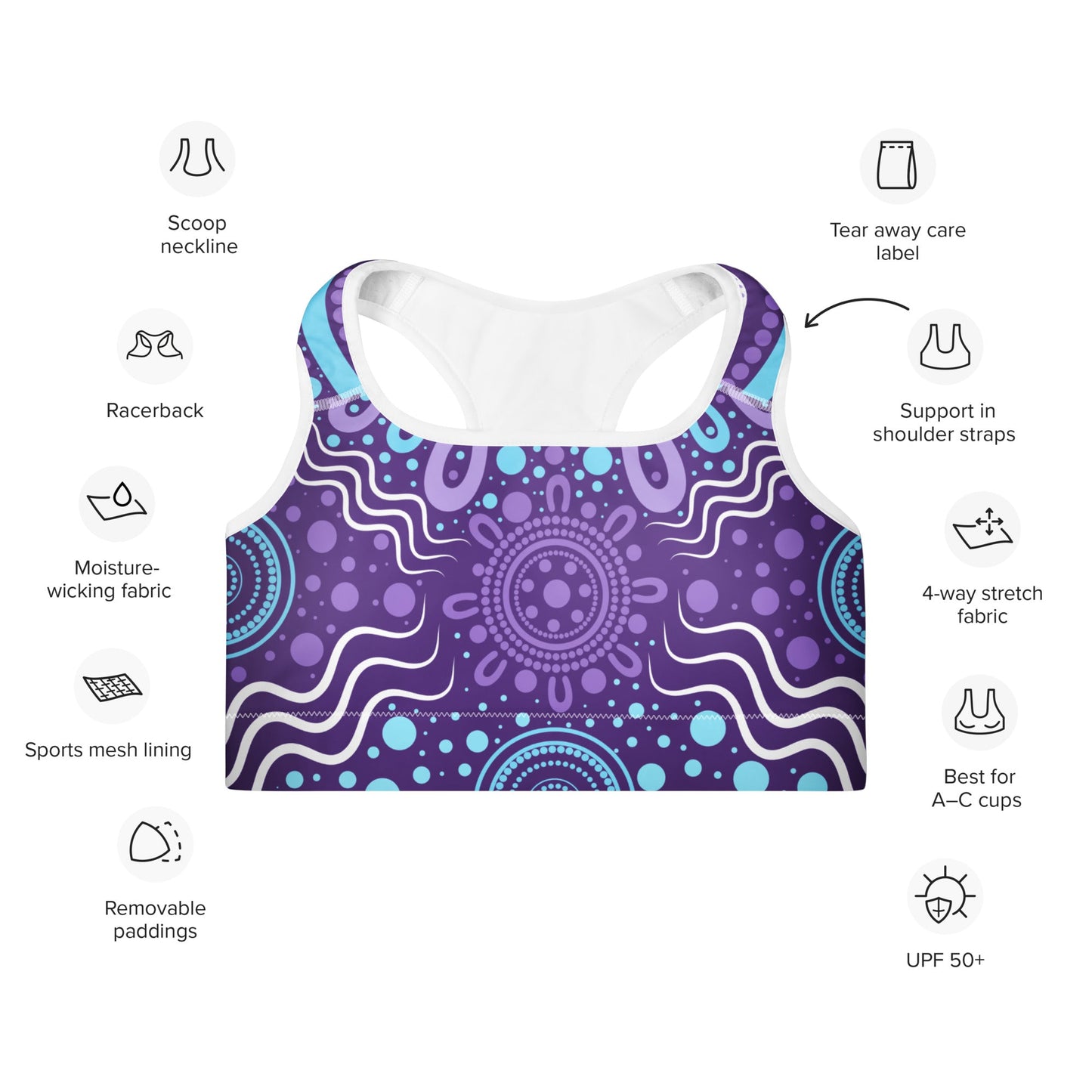 "Woven Together" Purple Padded Sports Bra - Aboriginal Art by Lani