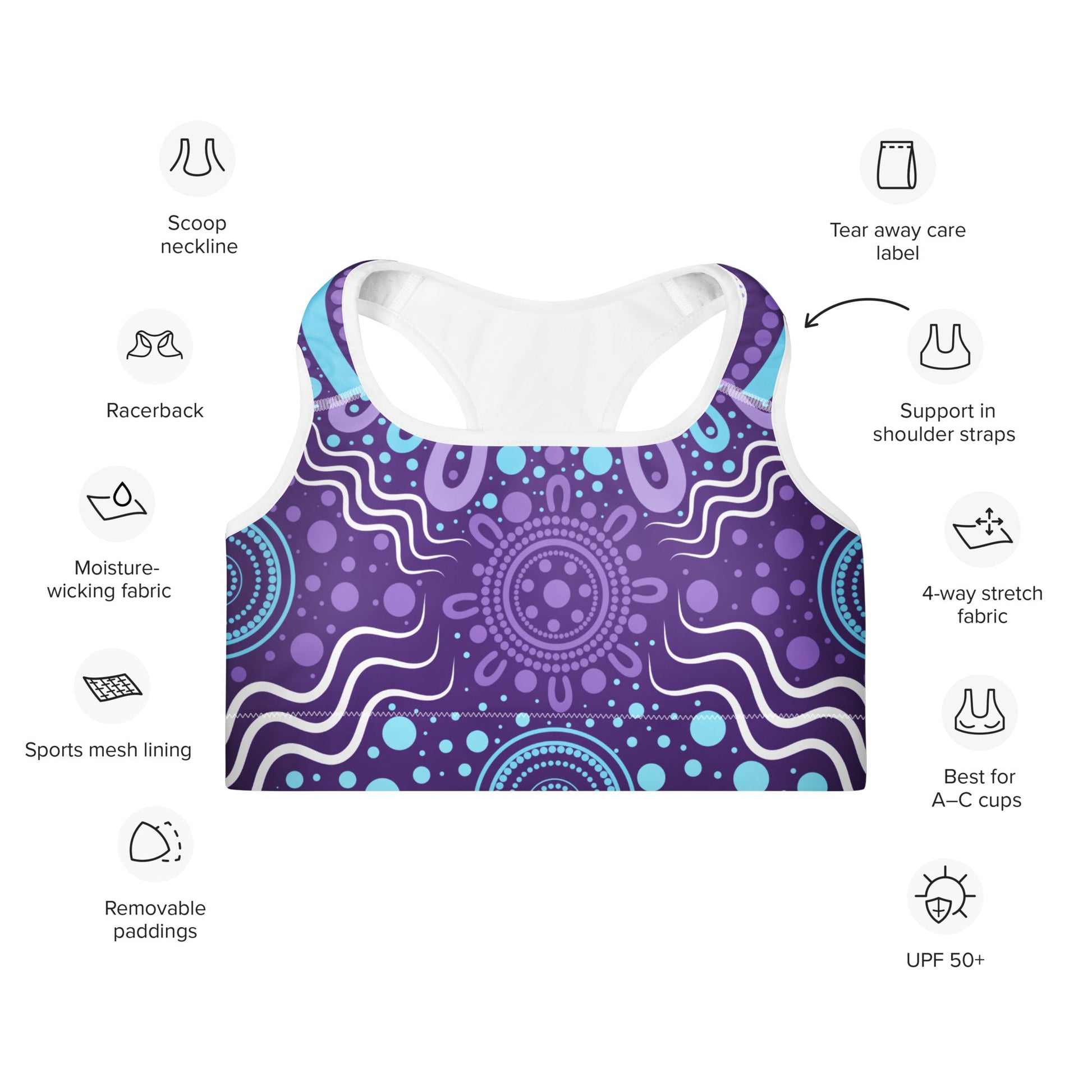 "Woven Together" Purple Padded Sports Bra - Aboriginal Art by Lani