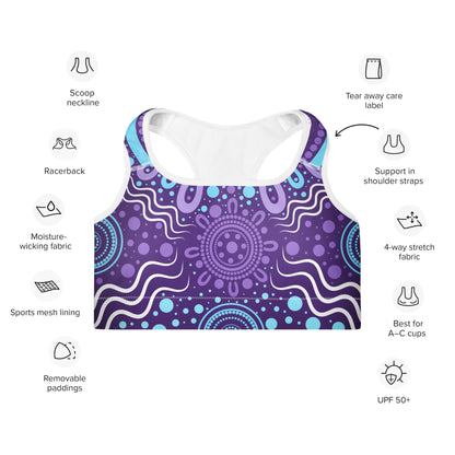 "Woven Together" Purple Padded Sports Bra - Aboriginal Art by Lani