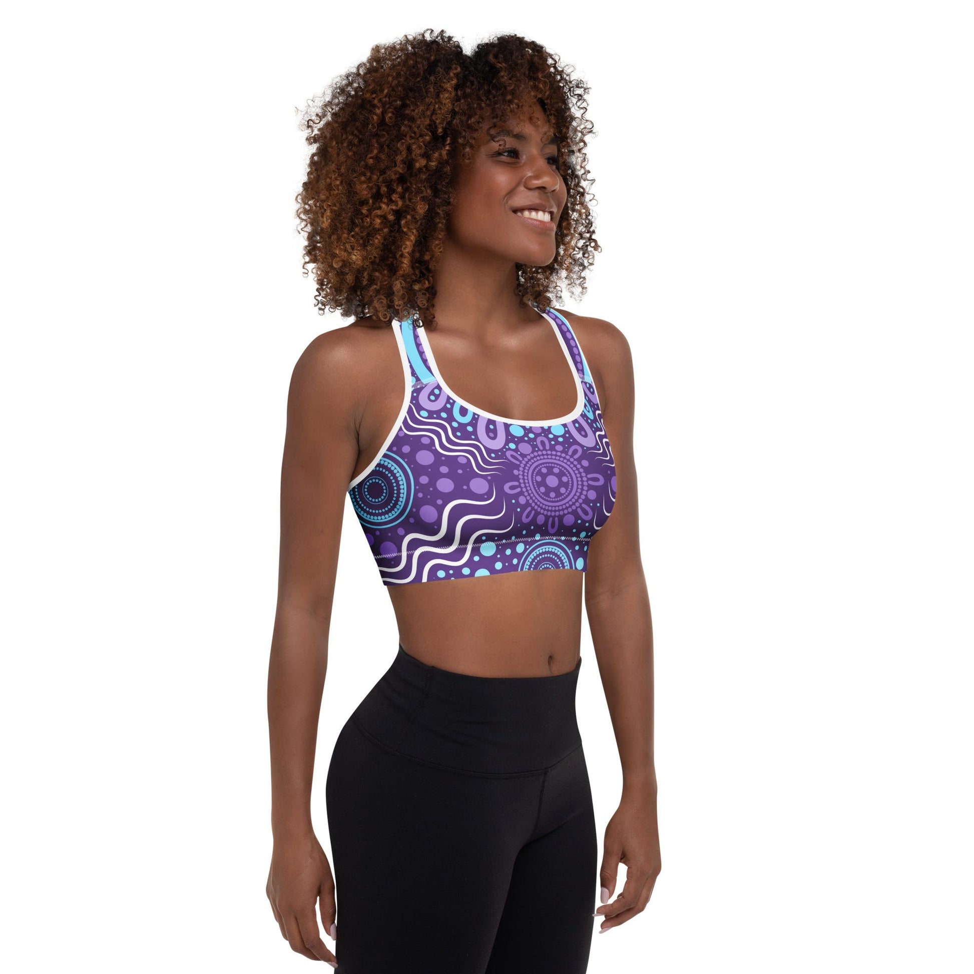 "Woven Together" Purple Padded Sports Bra - Aboriginal Art by Lani