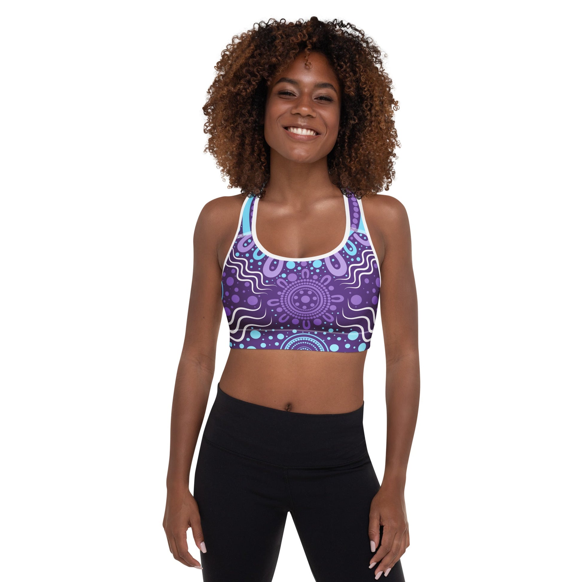 "Woven Together" Purple Padded Sports Bra - Aboriginal Art by Lani