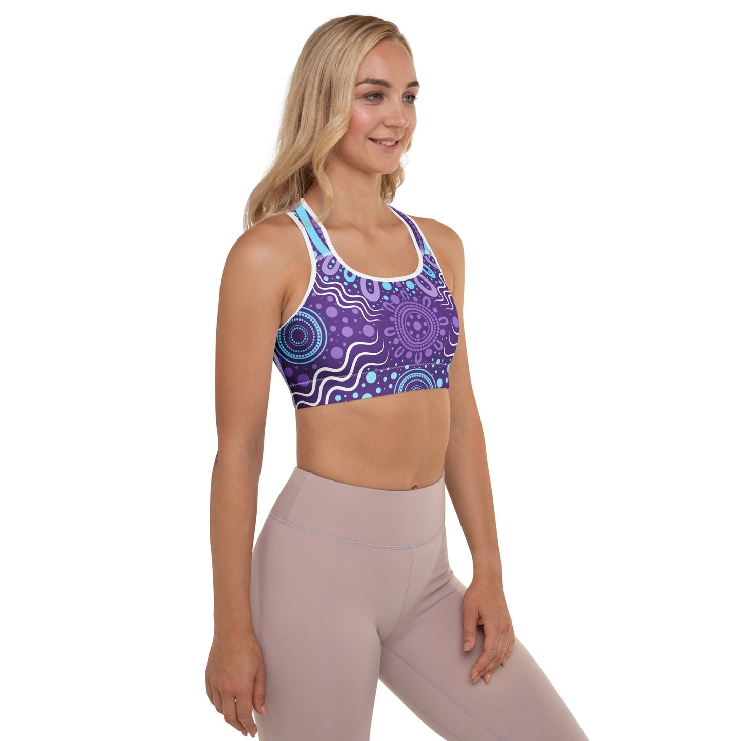 "Woven Together" Purple Padded Sports Bra - Aboriginal Art by Lani