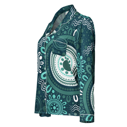 "Woven Together" Women’s Aqua Long Sleeve Pajama Top - Aboriginal Art by Lani