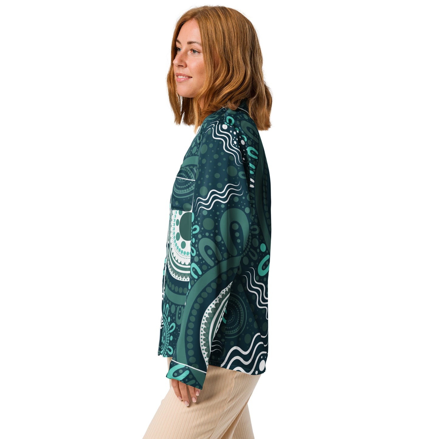"Woven Together" Women’s Aqua Long Sleeve Pajama Top - Aboriginal Art by Lani