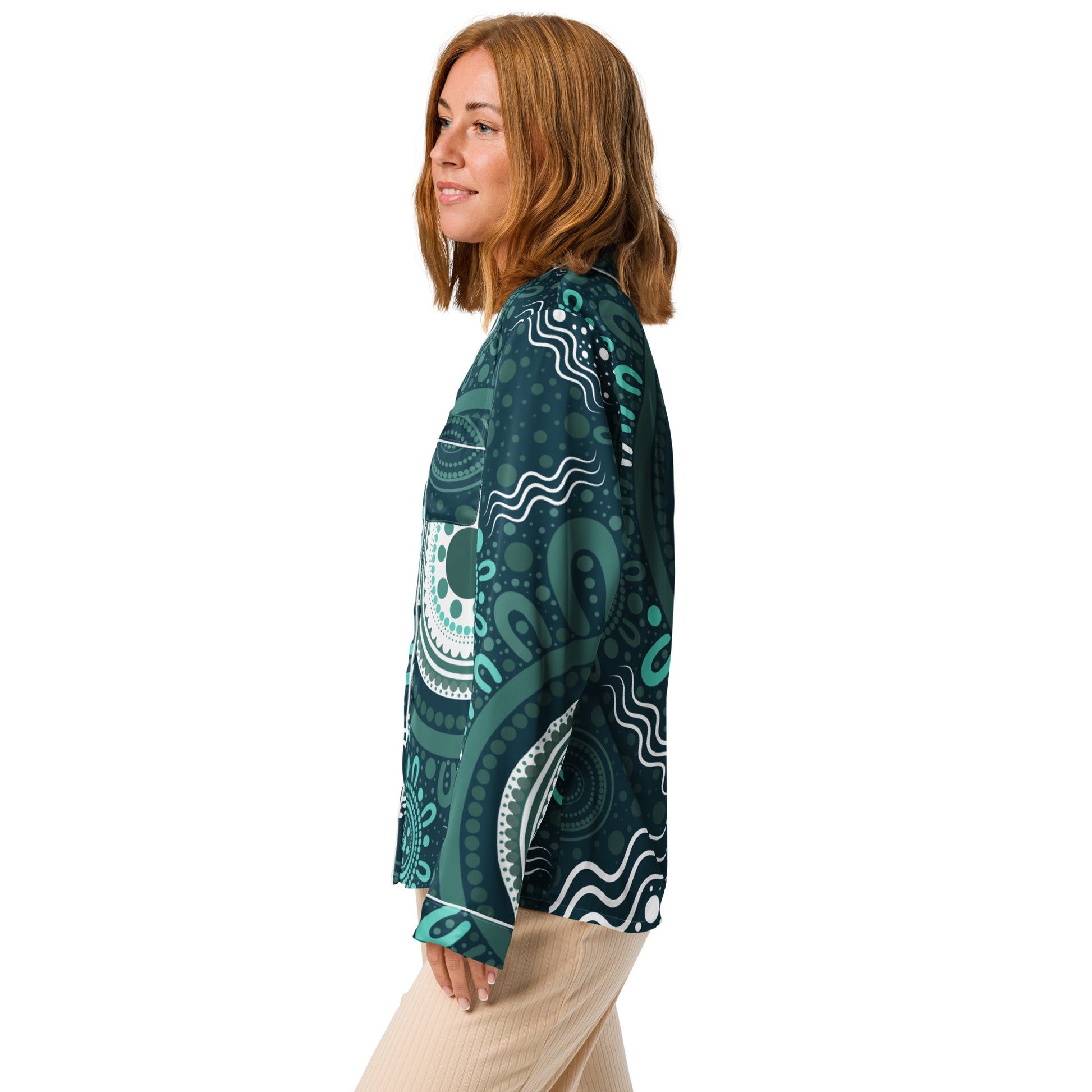 "Woven Together" Women’s Aqua Long Sleeve Pajama Top - Aboriginal Art by Lani