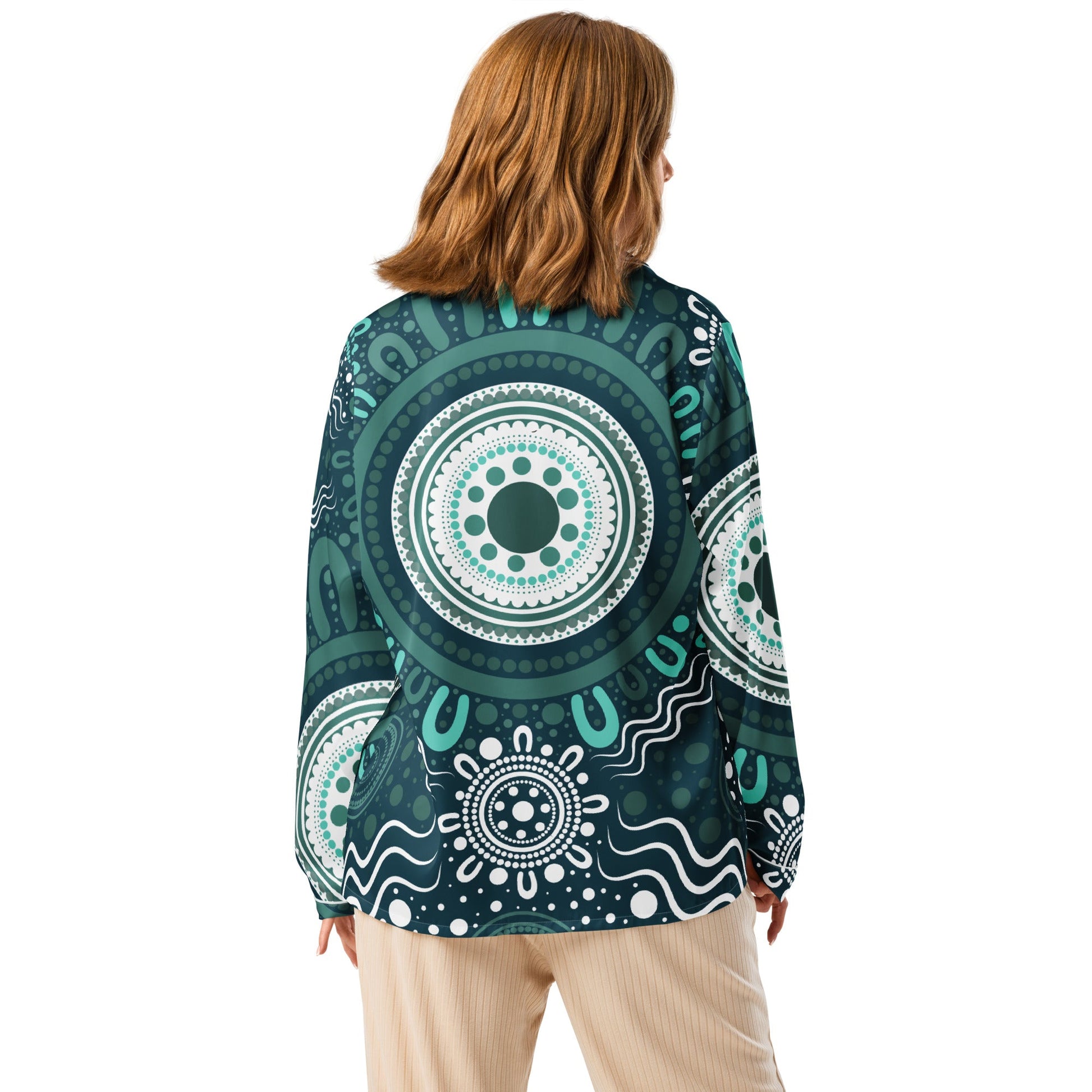 "Woven Together" Women’s Aqua Long Sleeve Pajama Top - Aboriginal Art by Lani