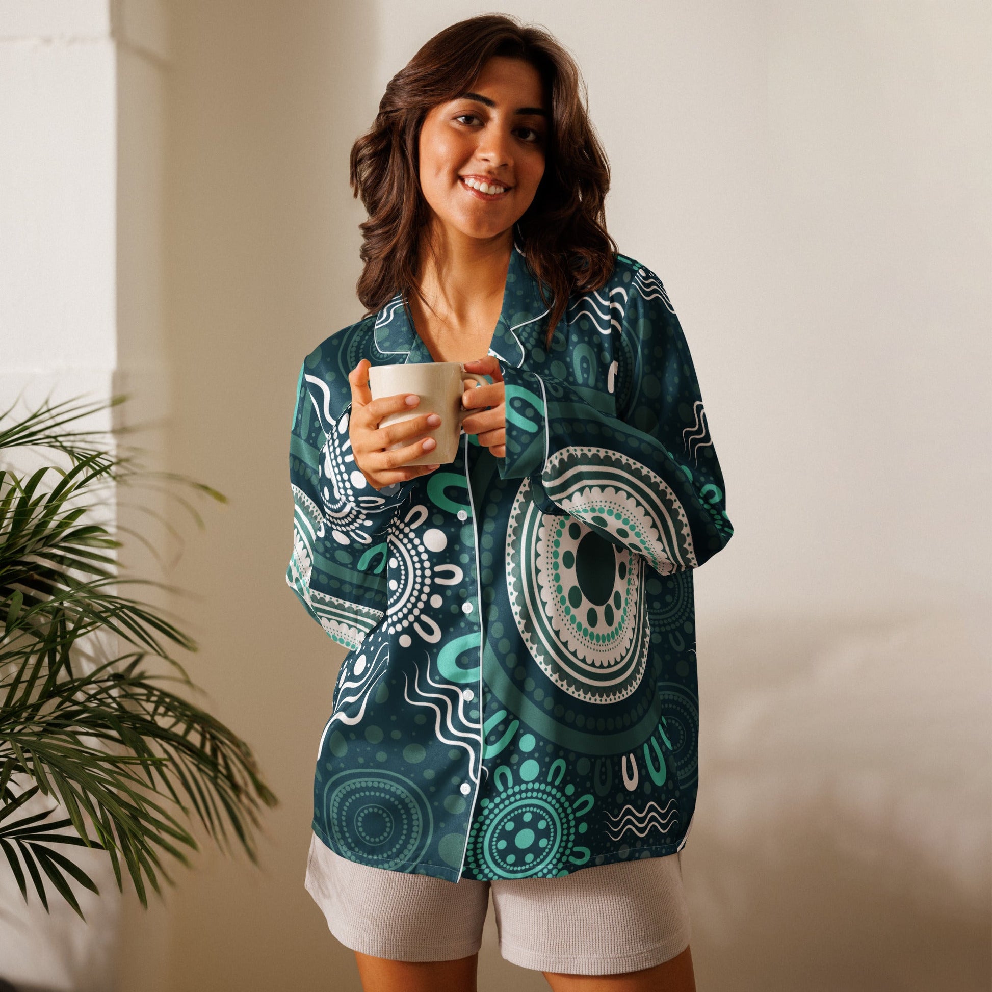 "Woven Together" Women’s Aqua Long Sleeve Pajama Top - Aboriginal Art by Lani