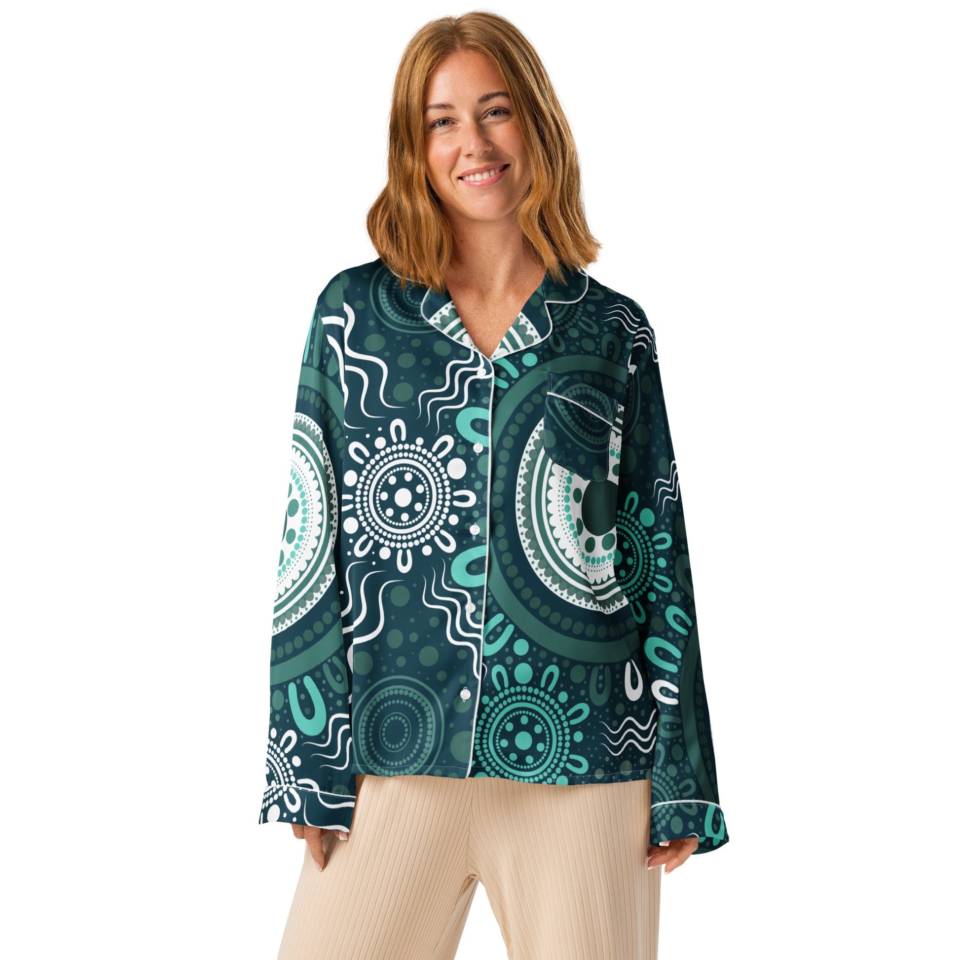 "Woven Together" Women’s Aqua Long Sleeve Pajama Top - Aboriginal Art by Lani