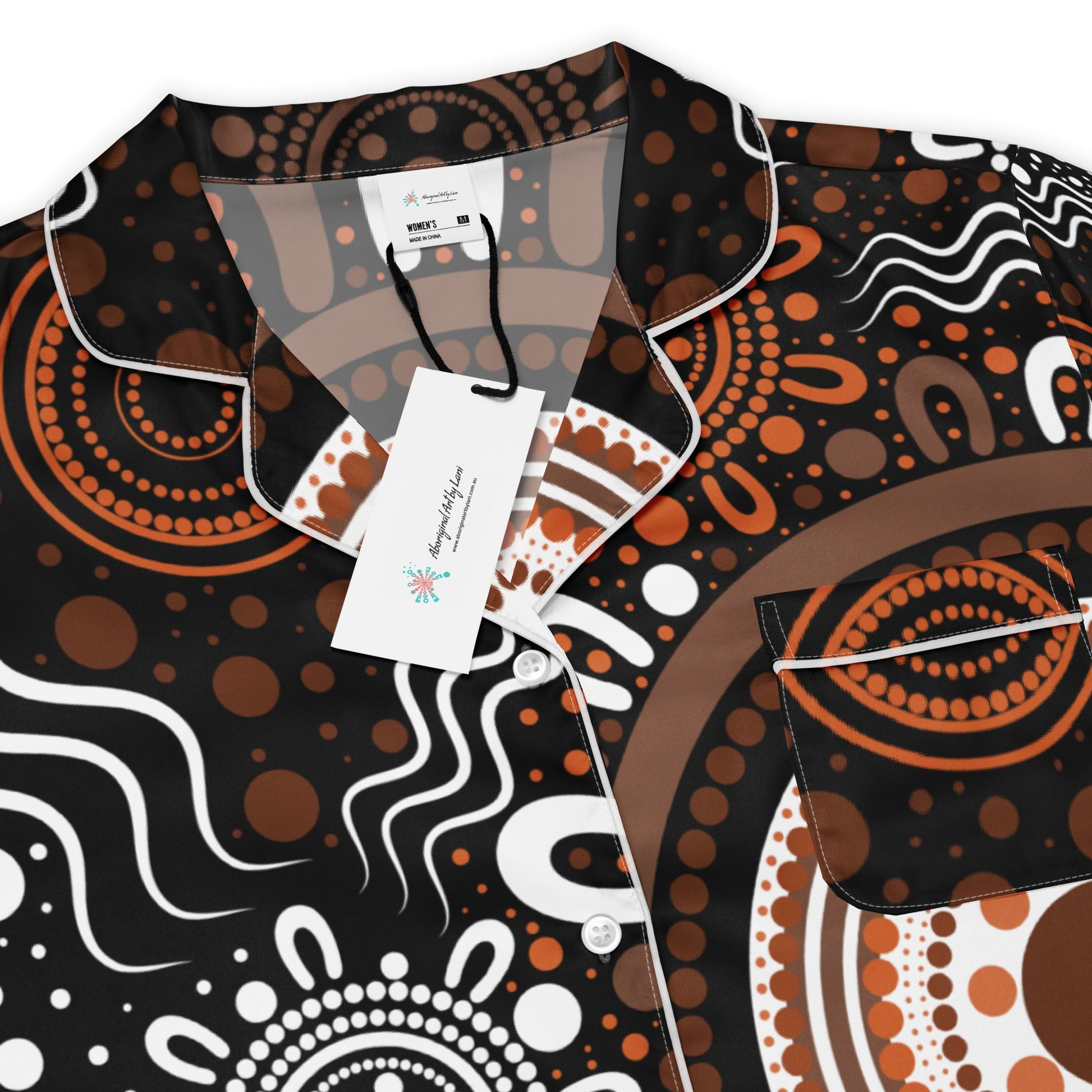 "Woven Together" Women’s Dark Brown Long Sleeve Pajama Top - Aboriginal Art by Lani