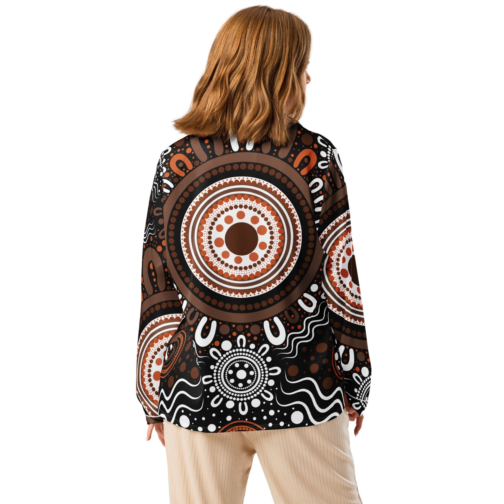 "Woven Together" Women’s Dark Brown Long Sleeve Pajama Top - Aboriginal Art by Lani
