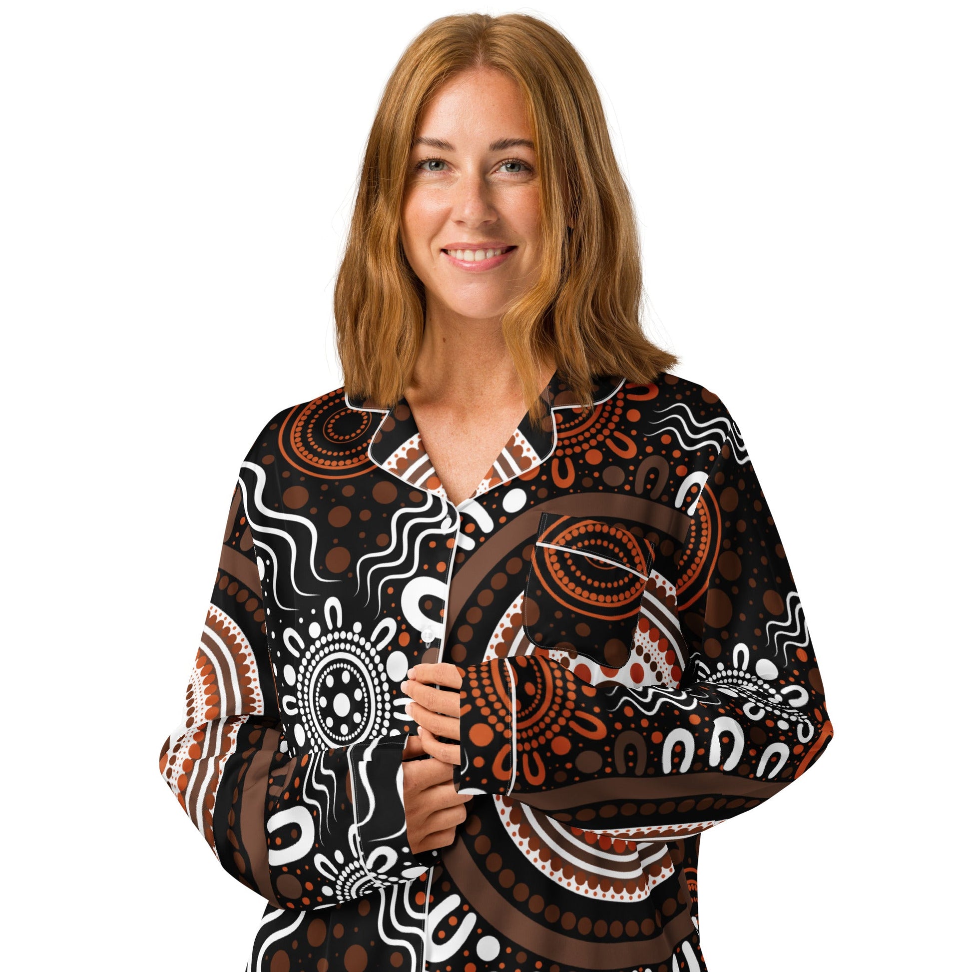 "Woven Together" Women’s Dark Brown Long Sleeve Pajama Top - Aboriginal Art by Lani