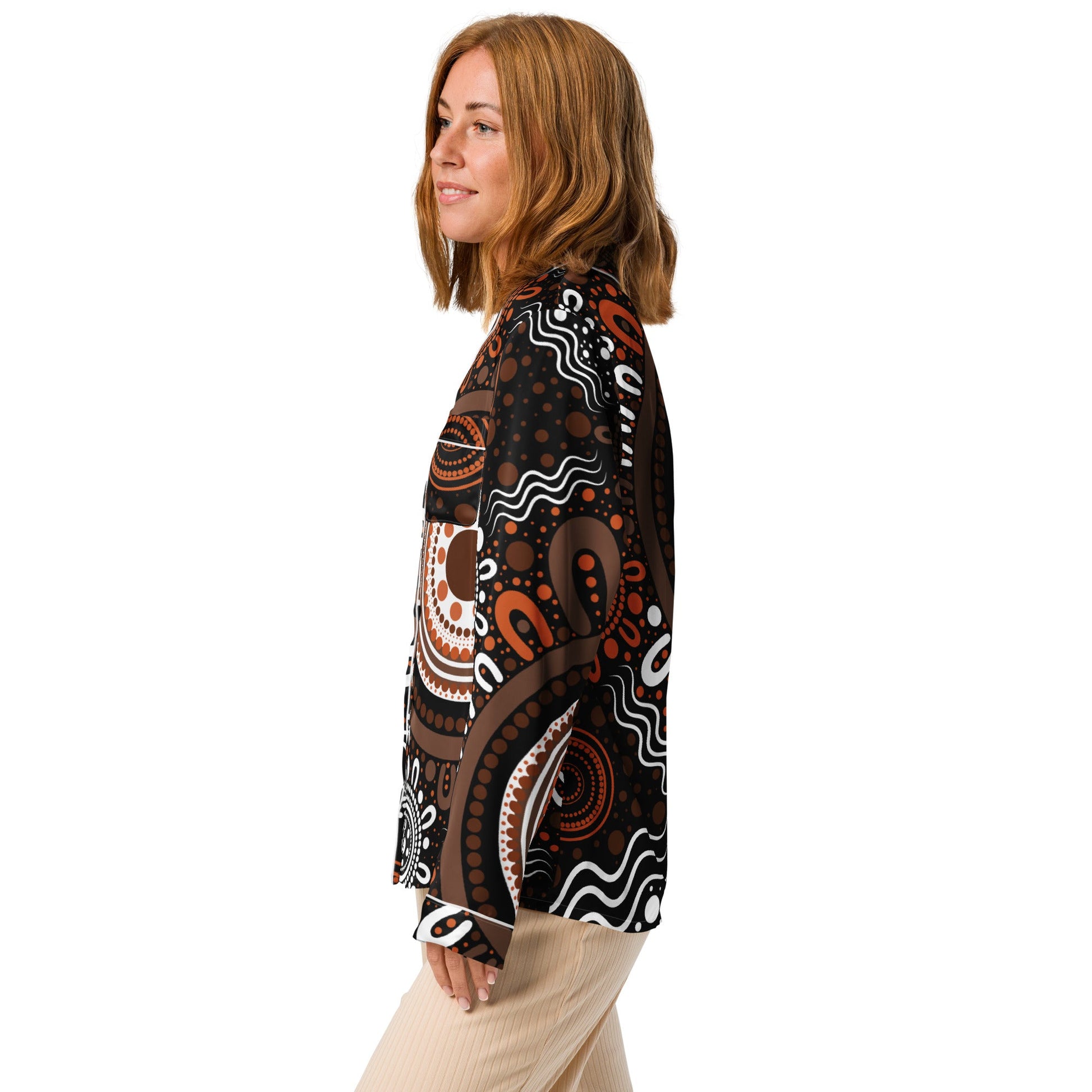 "Woven Together" Women’s Dark Brown Long Sleeve Pajama Top - Aboriginal Art by Lani